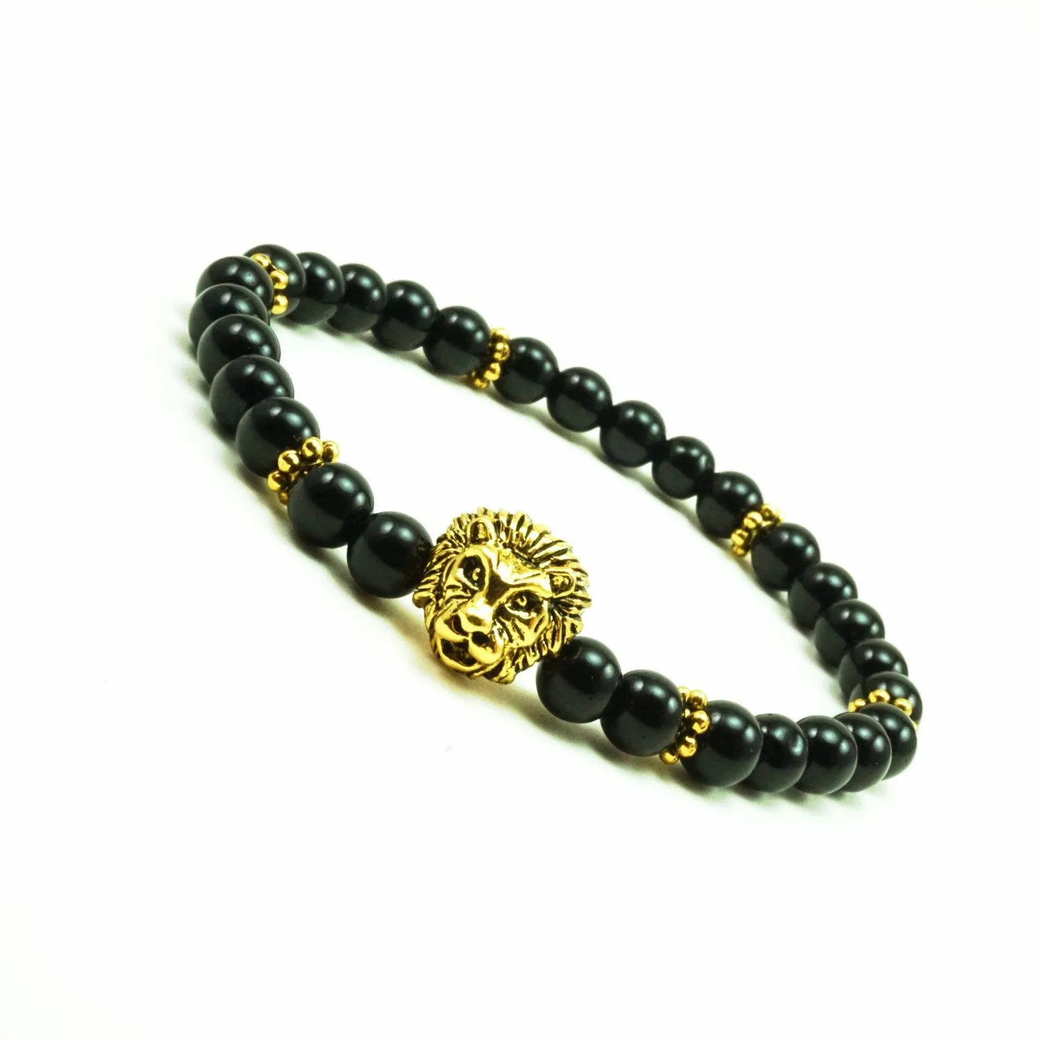 Cecil Gold Lion 6mm Onyx Beaded Bracelet