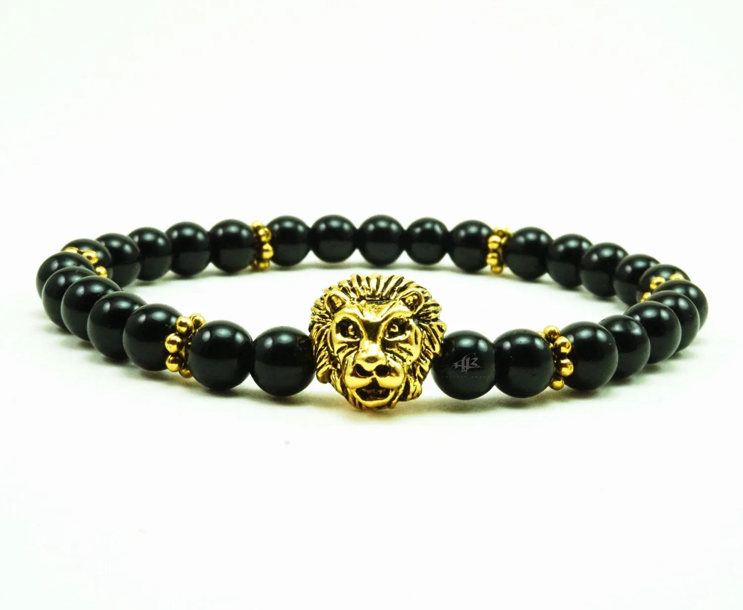 Cecil Gold Lion 6mm Onyx Beaded Bracelet