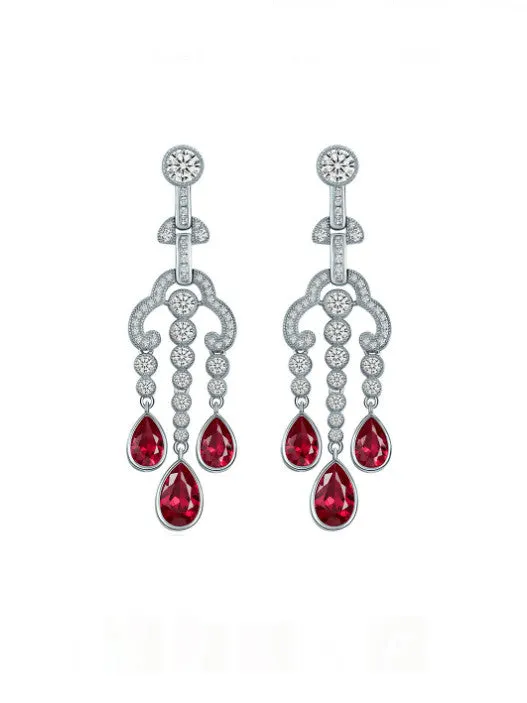 Chandelier Earrings Zircon 925 Sterling Silver Hypoallergenic Fine Jewelry, Pink Sapphire Simulation Long Earrings