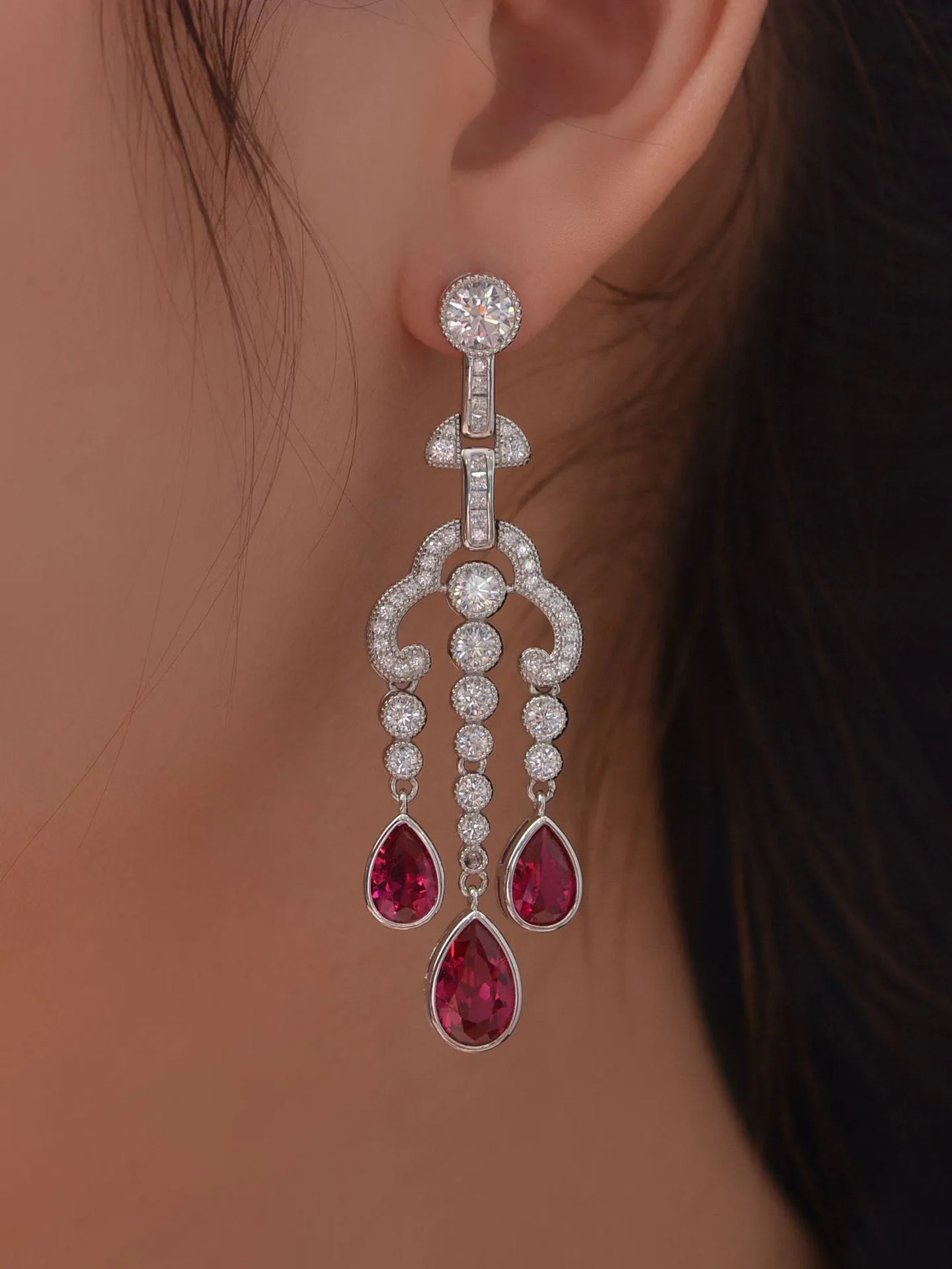 Chandelier Earrings Zircon 925 Sterling Silver Hypoallergenic Fine Jewelry, Pink Sapphire Simulation Long Earrings