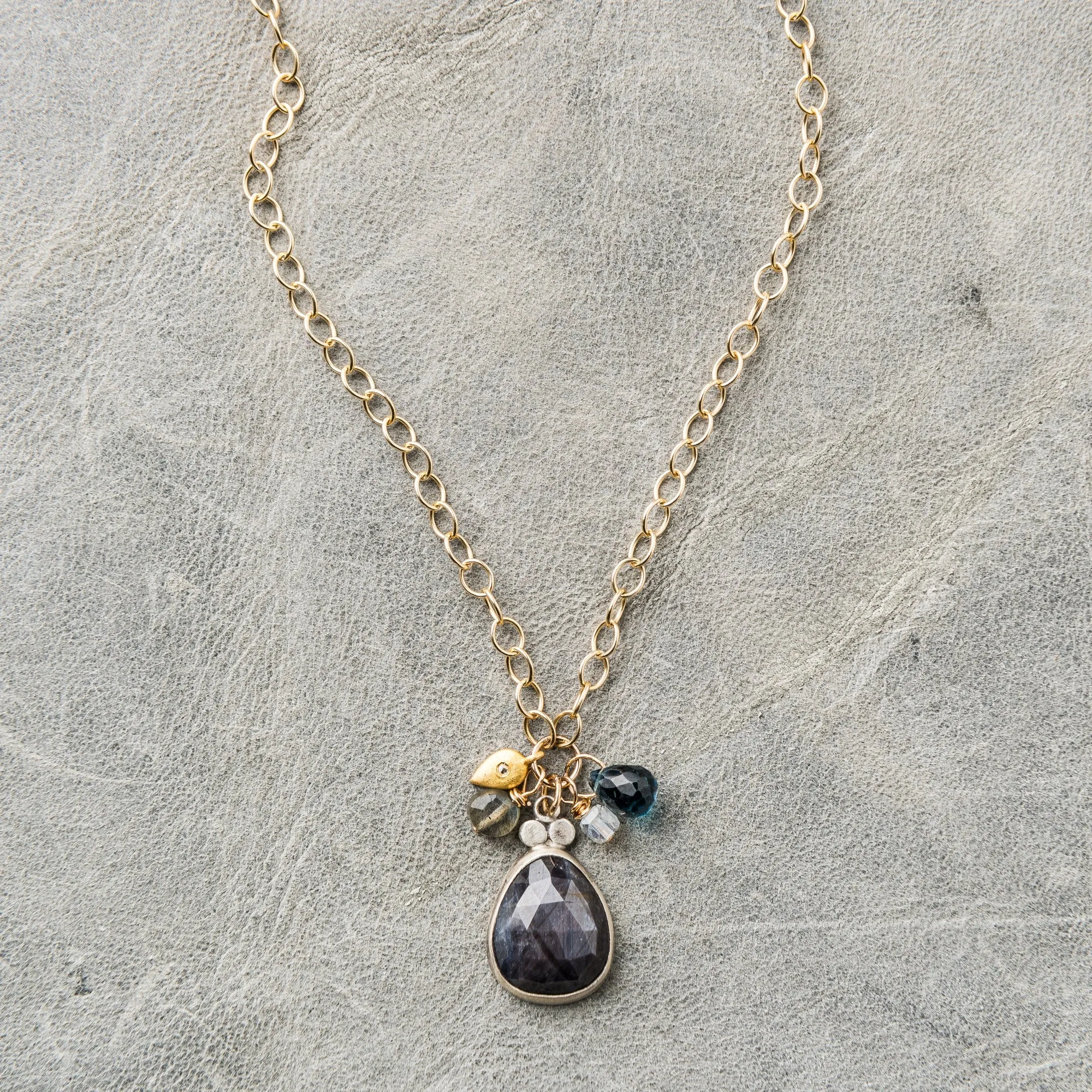 Chocolate Sapphire Drop Necklace with Charms