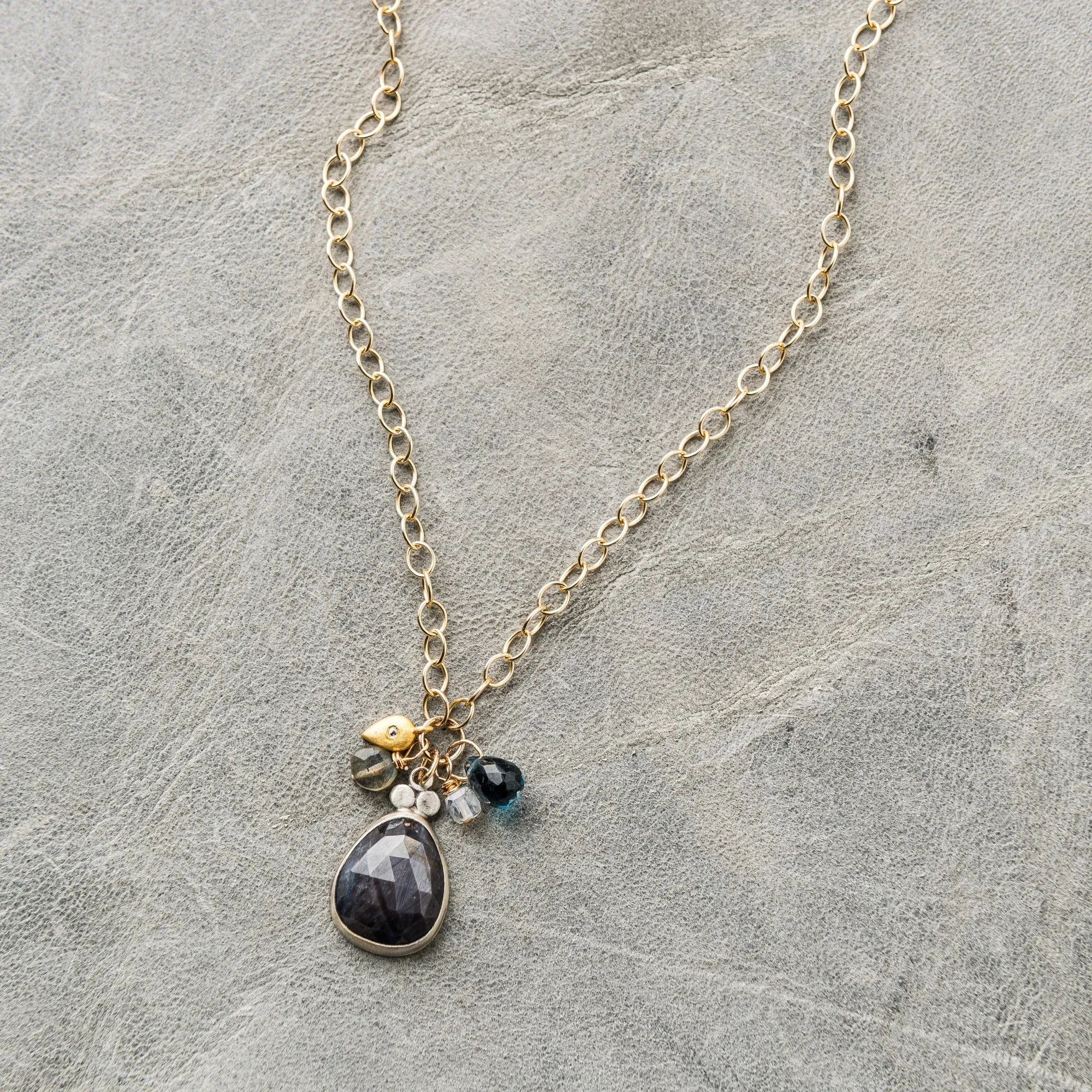 Chocolate Sapphire Drop Necklace with Charms