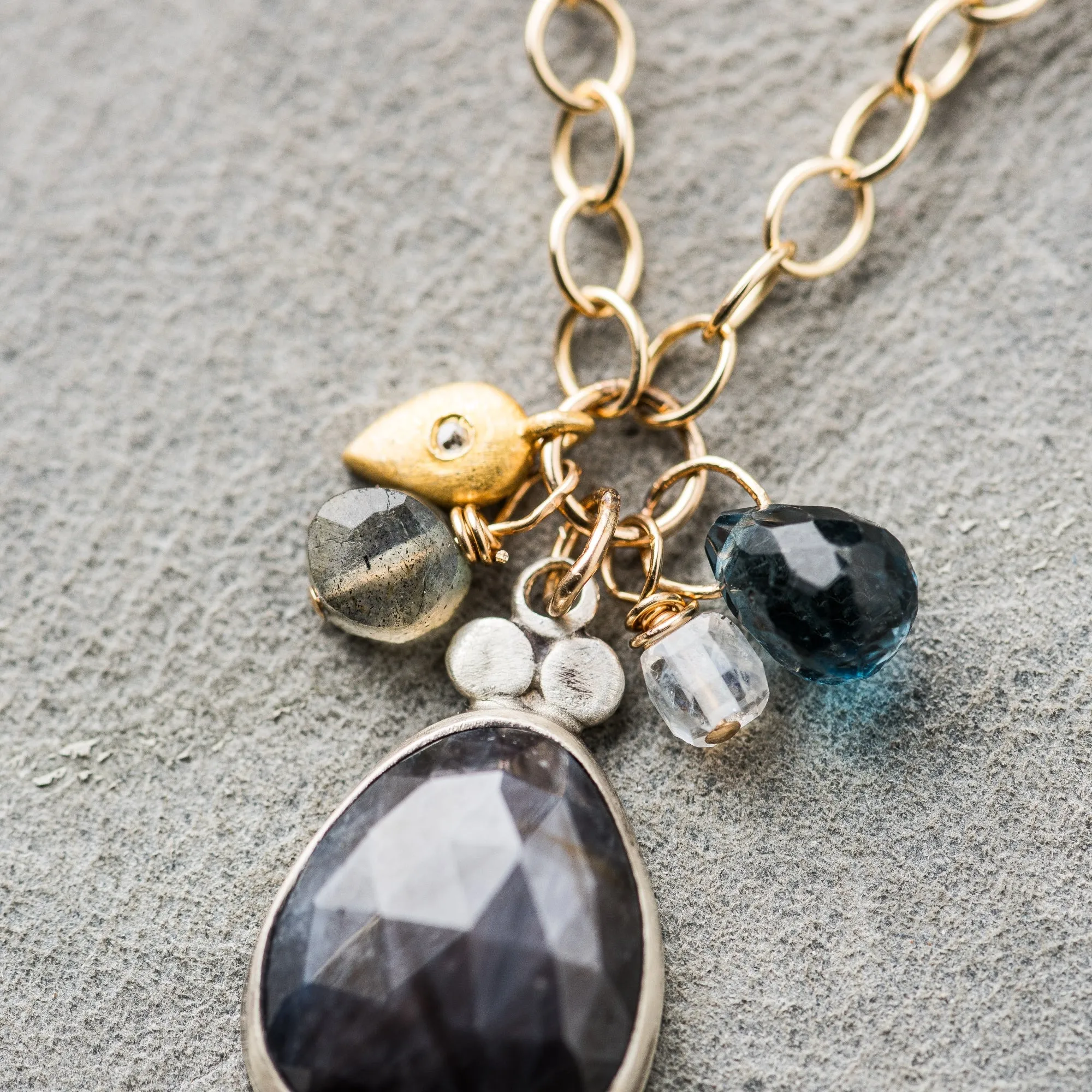 Chocolate Sapphire Drop Necklace with Charms