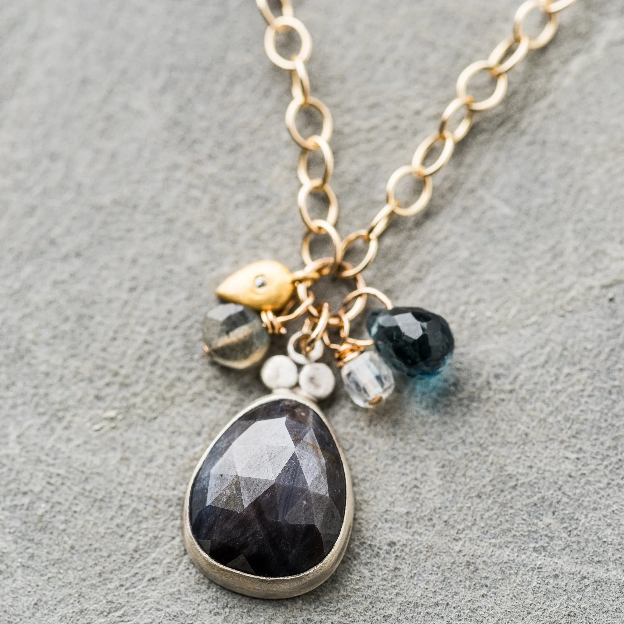 Chocolate Sapphire Drop Necklace with Charms