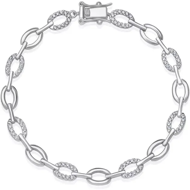 CRISLU Pave Oval Link Bracelet Finished in Pure Platinum- 7 Inches