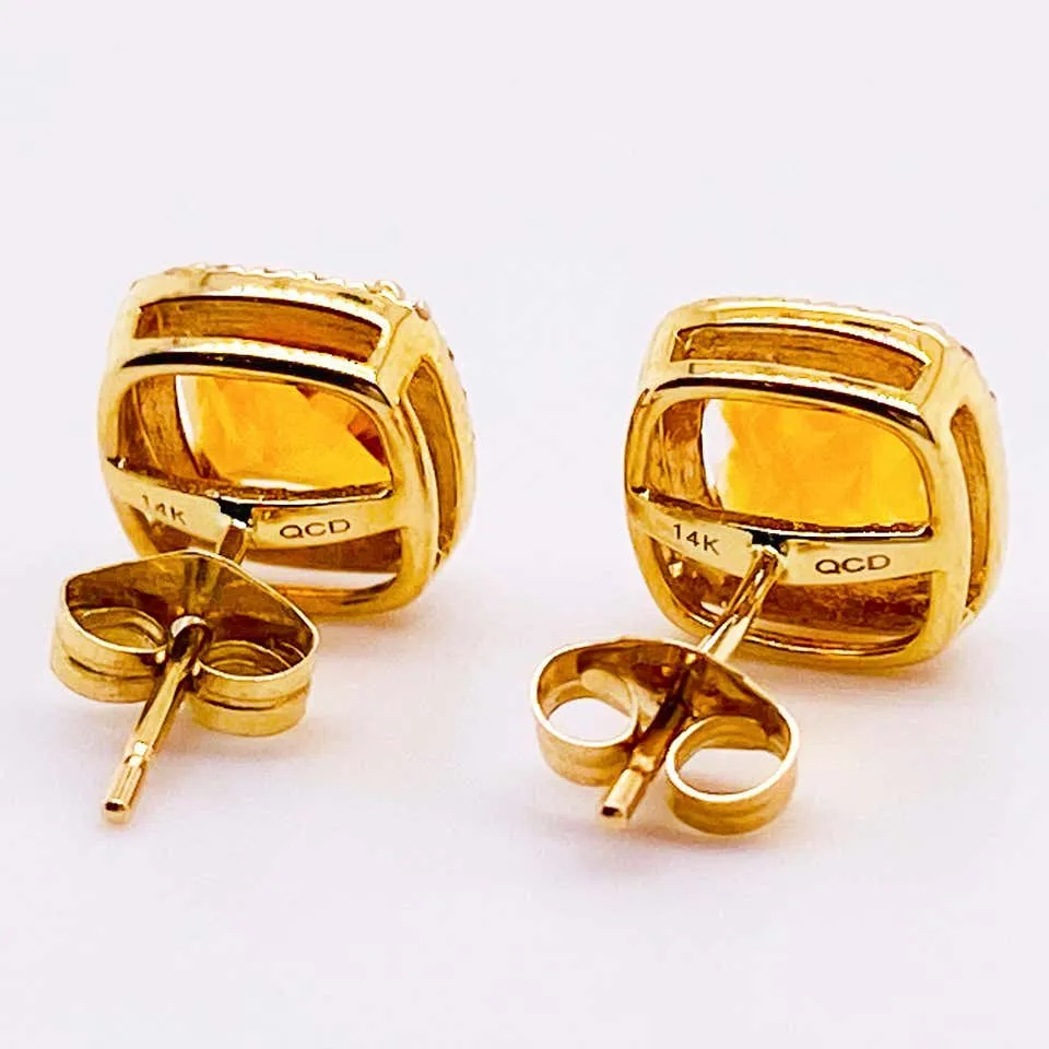 Cushion Citrine Diamond Halo Earring Studs