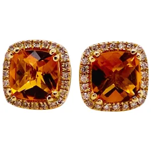 Cushion Citrine Diamond Halo Earring Studs