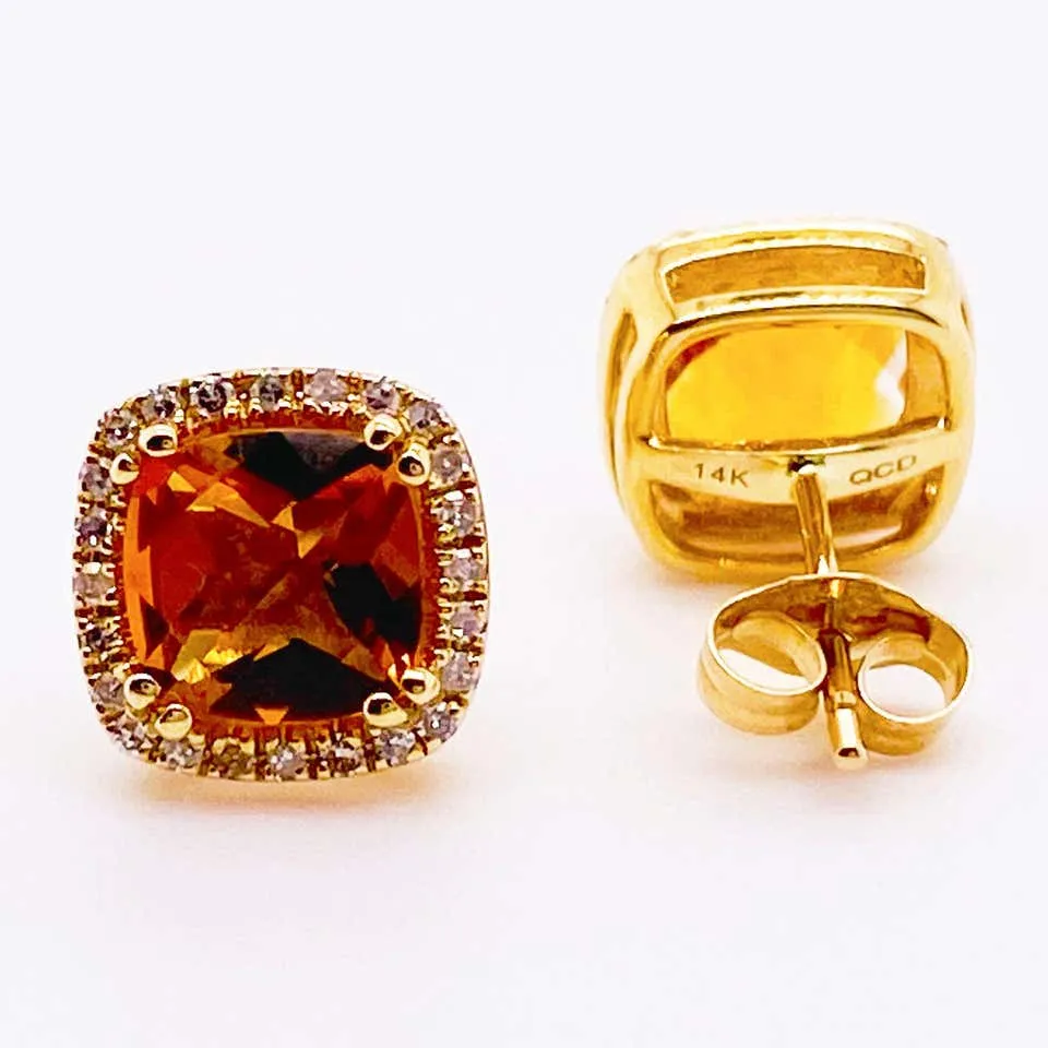 Cushion Citrine Diamond Halo Earring Studs