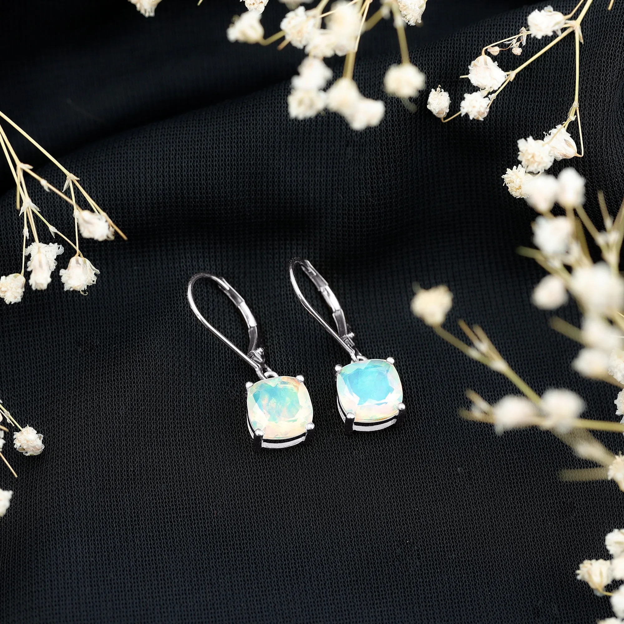 Cushion Cut Solitaire Ethiopian Opal Drop Earrings
