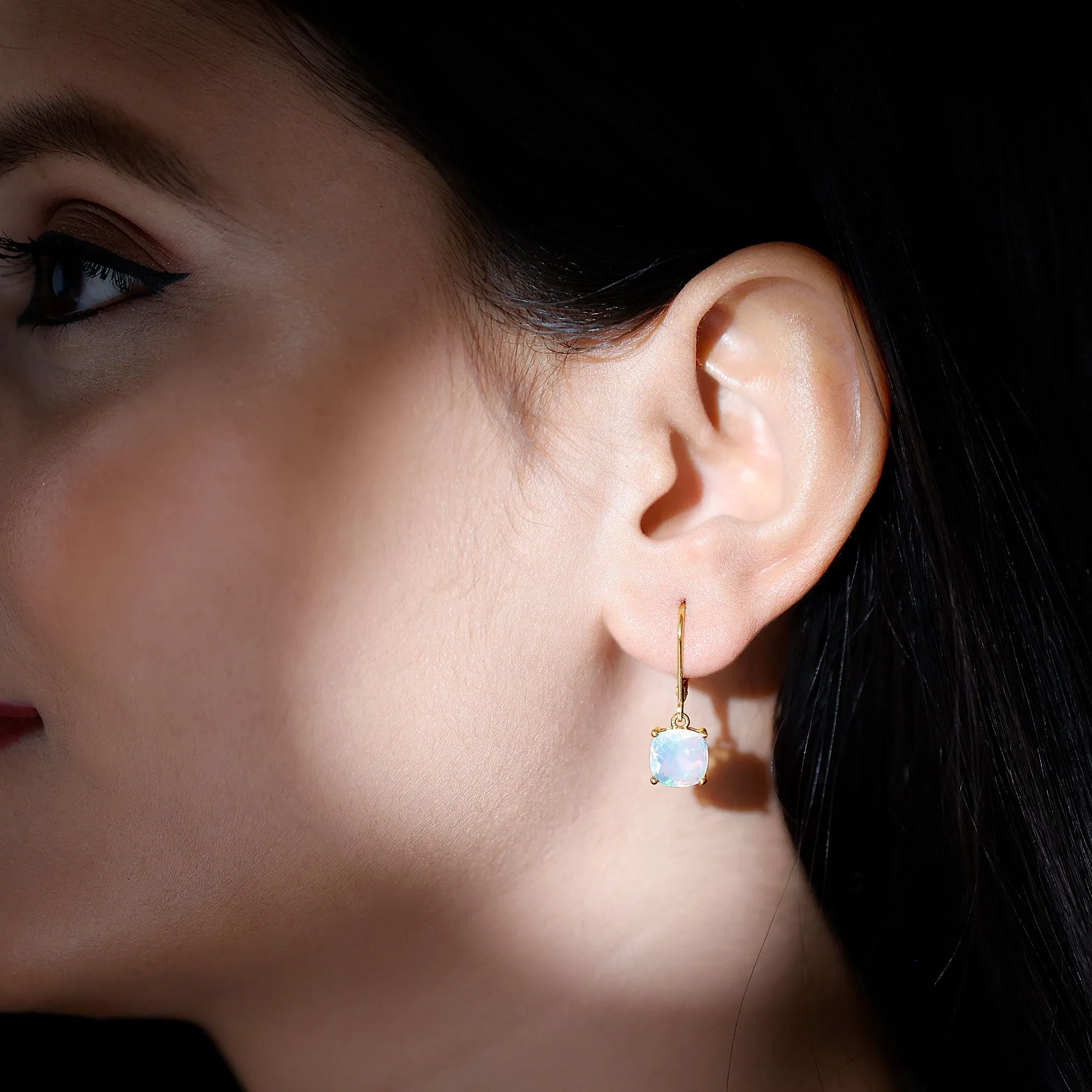 Cushion Cut Solitaire Ethiopian Opal Drop Earrings