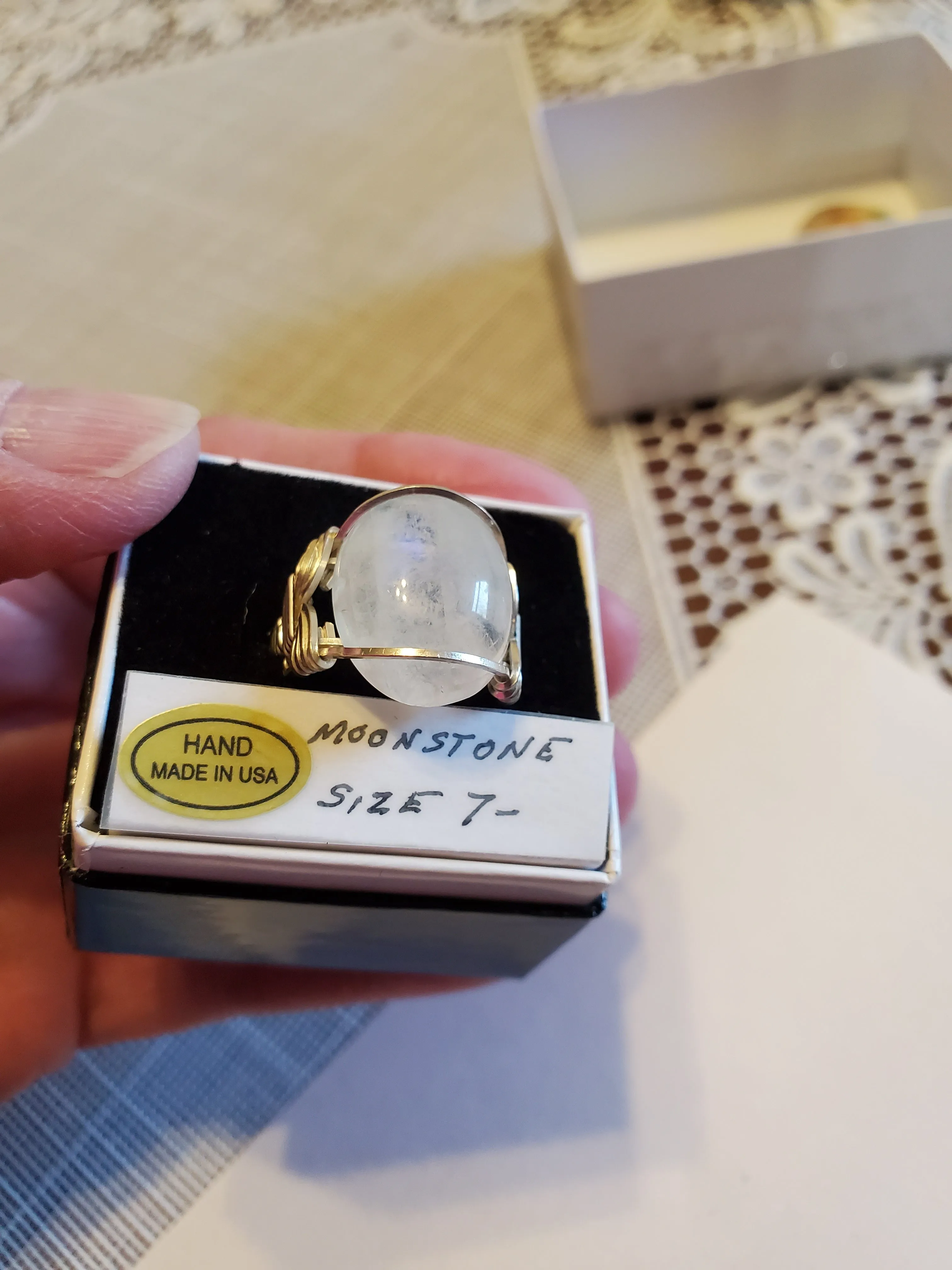 Custom Wire Wrapped Moonstone Ring Size 7 1/2 Sterling Silver