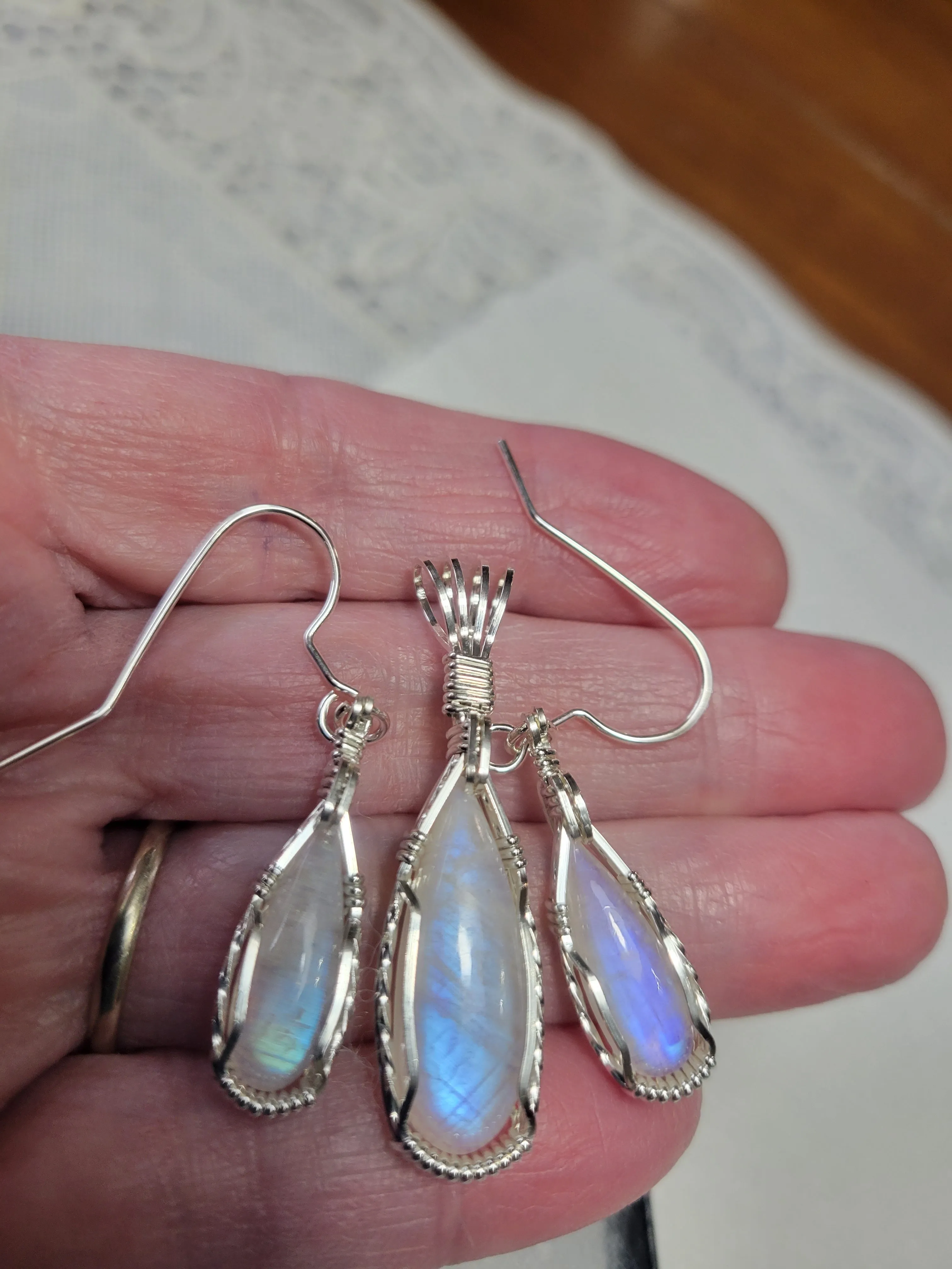 Custom Wire Wrapped Moonstone Set: Earrings Necklace/Pendant Sterling Silver