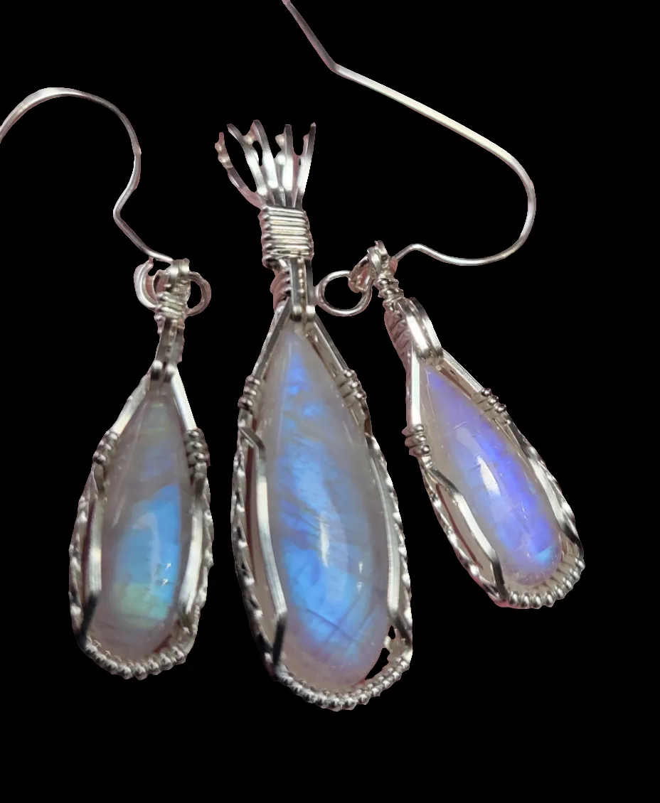 Custom Wire Wrapped Moonstone Set: Earrings Necklace/Pendant Sterling Silver