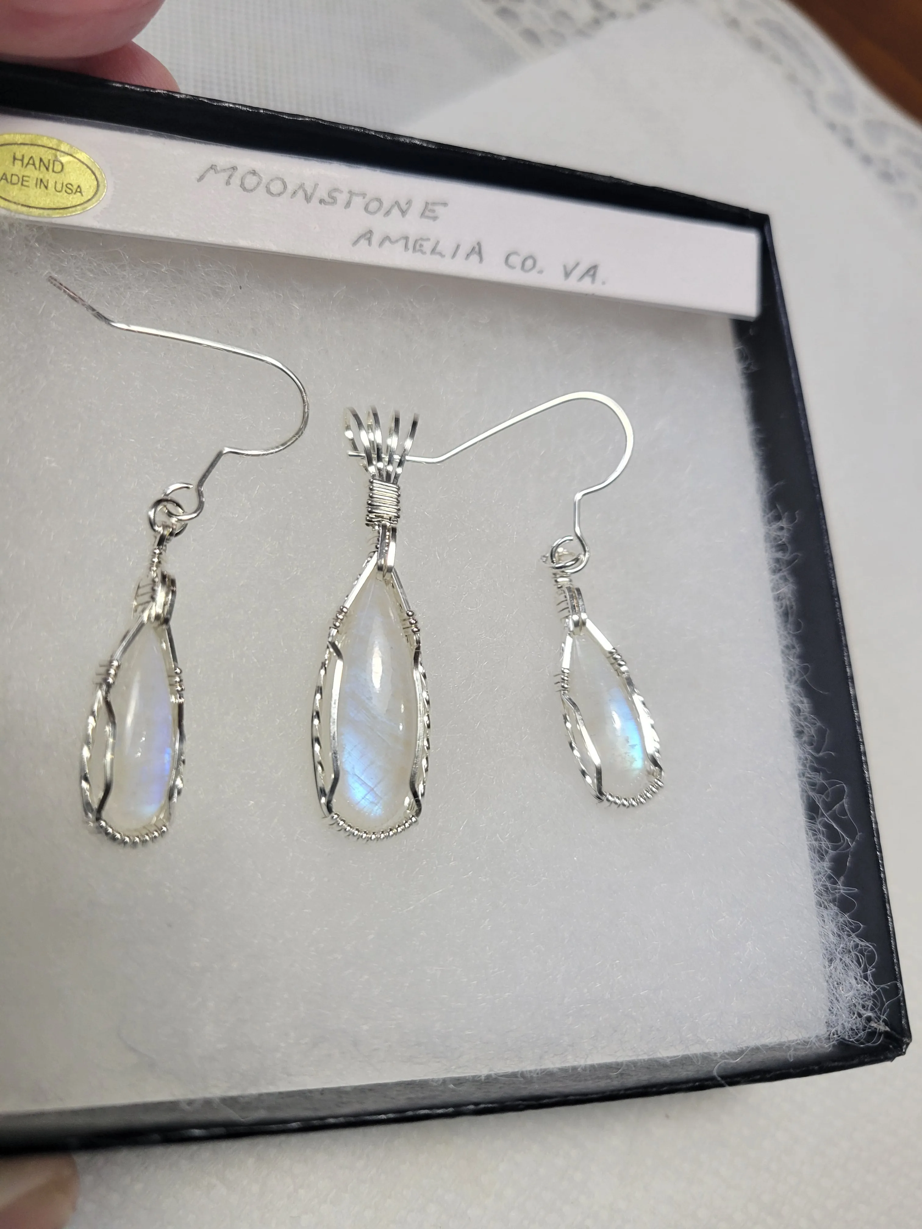 Custom Wire Wrapped Moonstone Set: Earrings Necklace/Pendant Sterling Silver