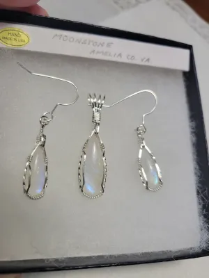 Custom Wire Wrapped Moonstone Set: Earrings Necklace/Pendant Sterling Silver