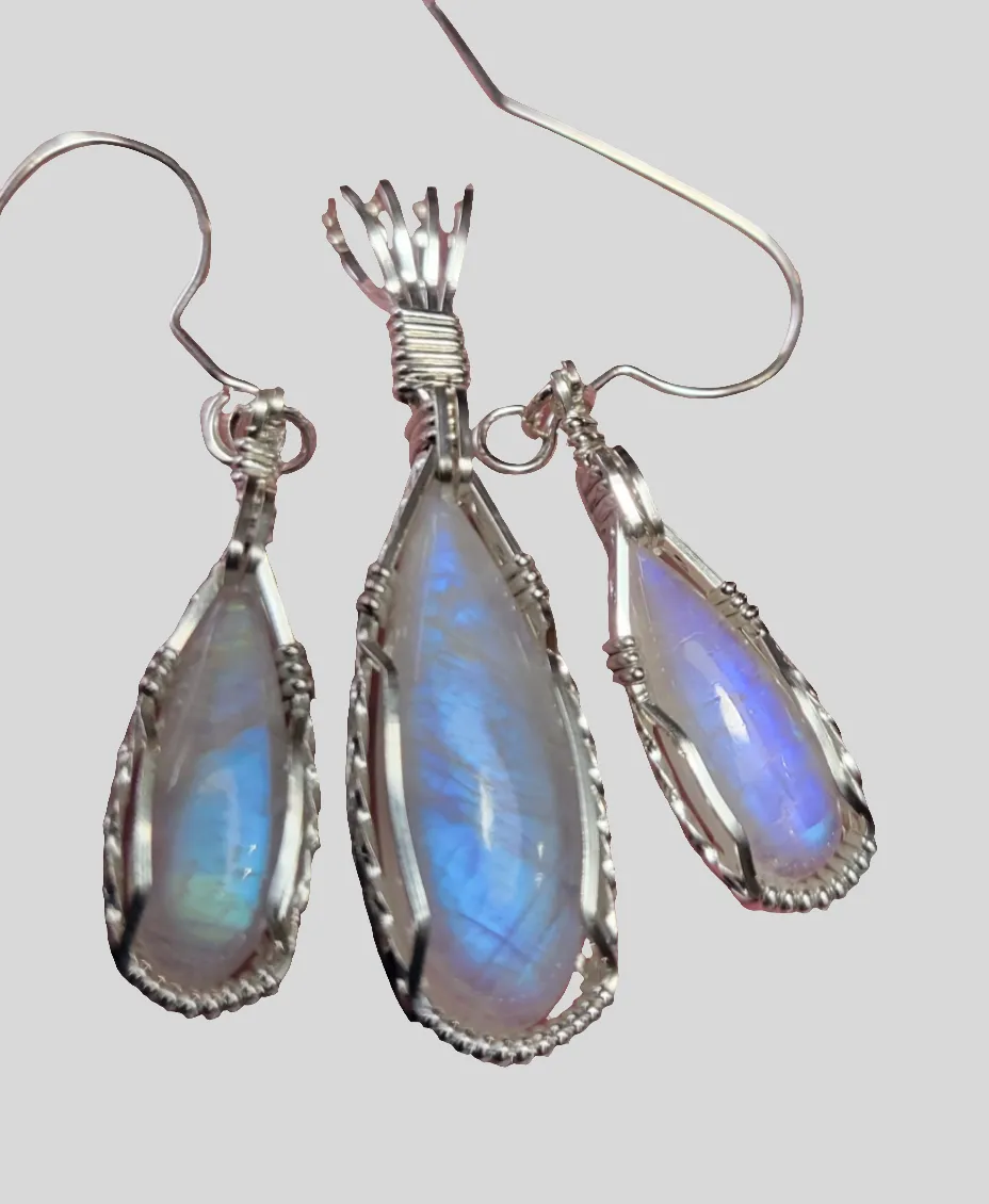 Custom Wire Wrapped Moonstone Set: Earrings Necklace/Pendant Sterling Silver