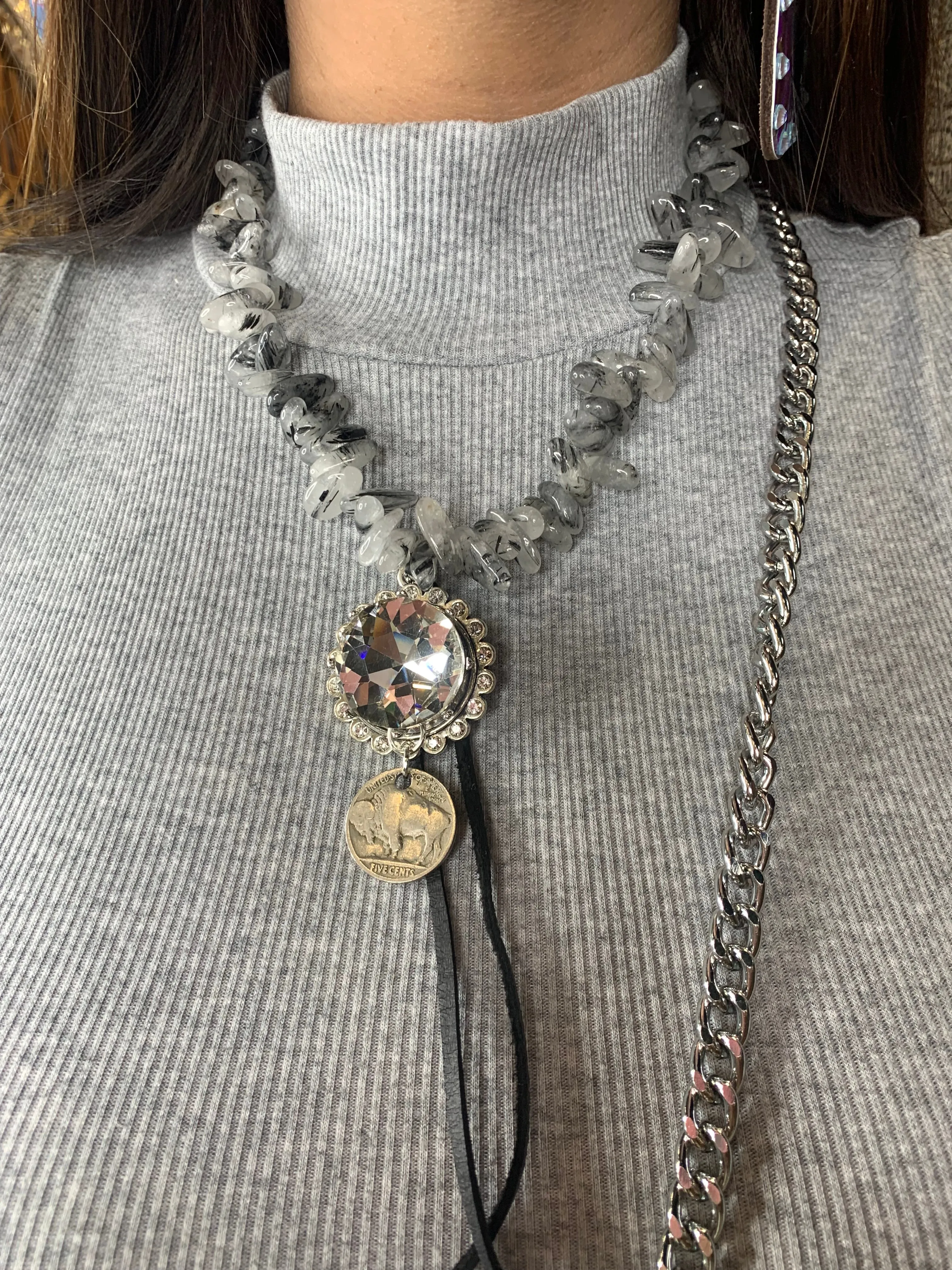 Dakota Clear Crystal Chunky Stone Buffalo Nickel Necklace - Gray Mix