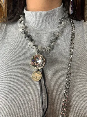 Dakota Clear Crystal Chunky Stone Buffalo Nickel Necklace - Gray Mix