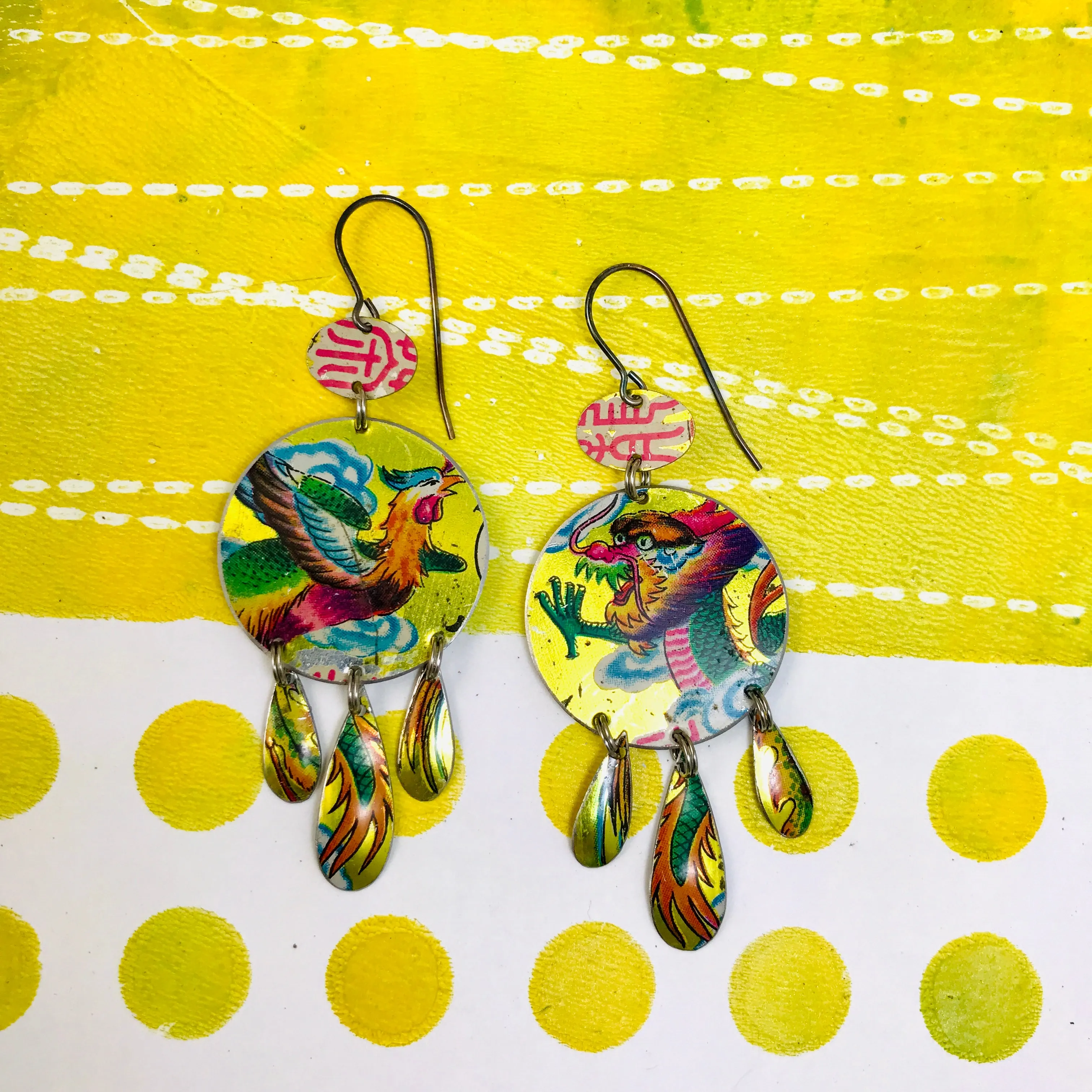 Dragon & Phoenix Tin Chandelier Earrings