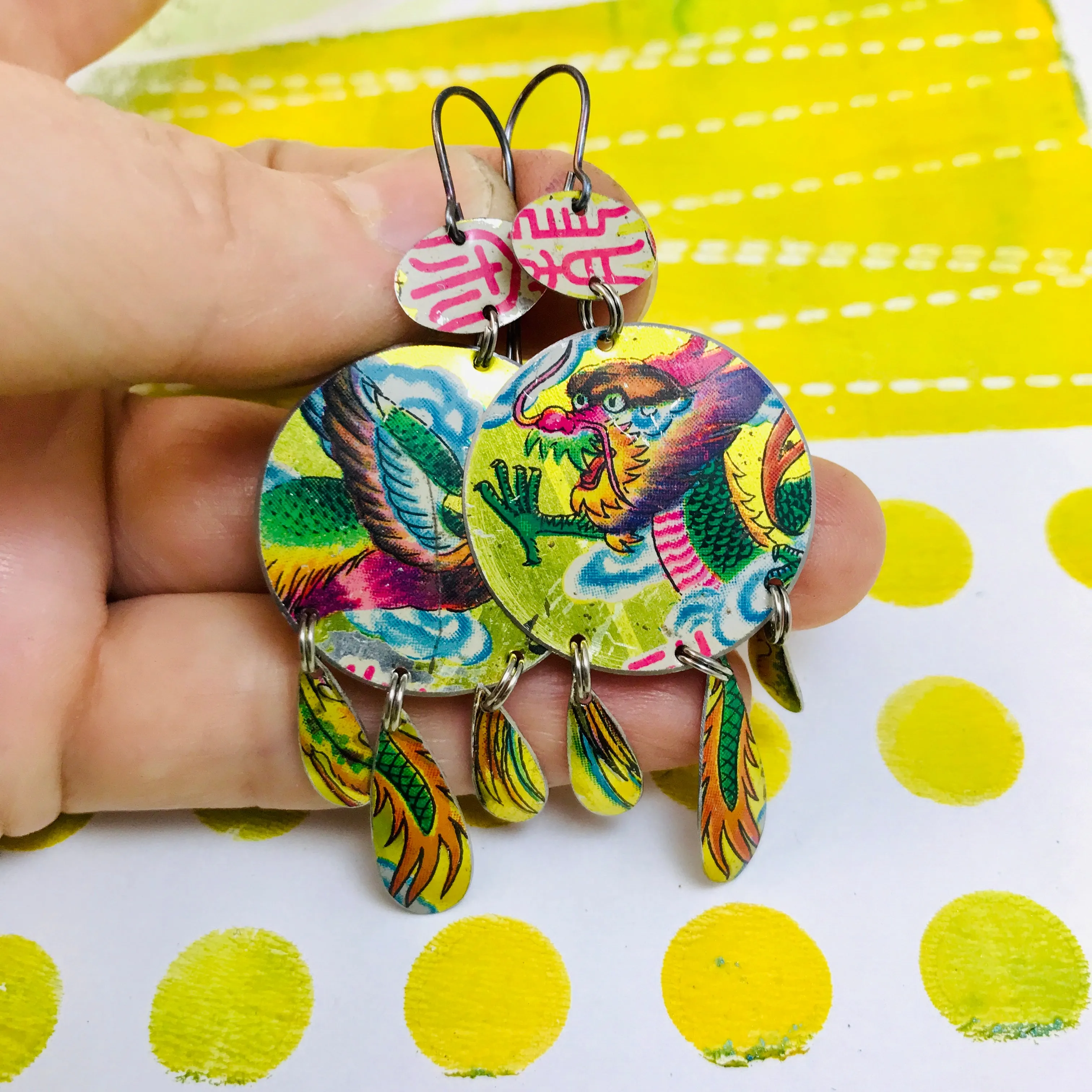 Dragon & Phoenix Tin Chandelier Earrings