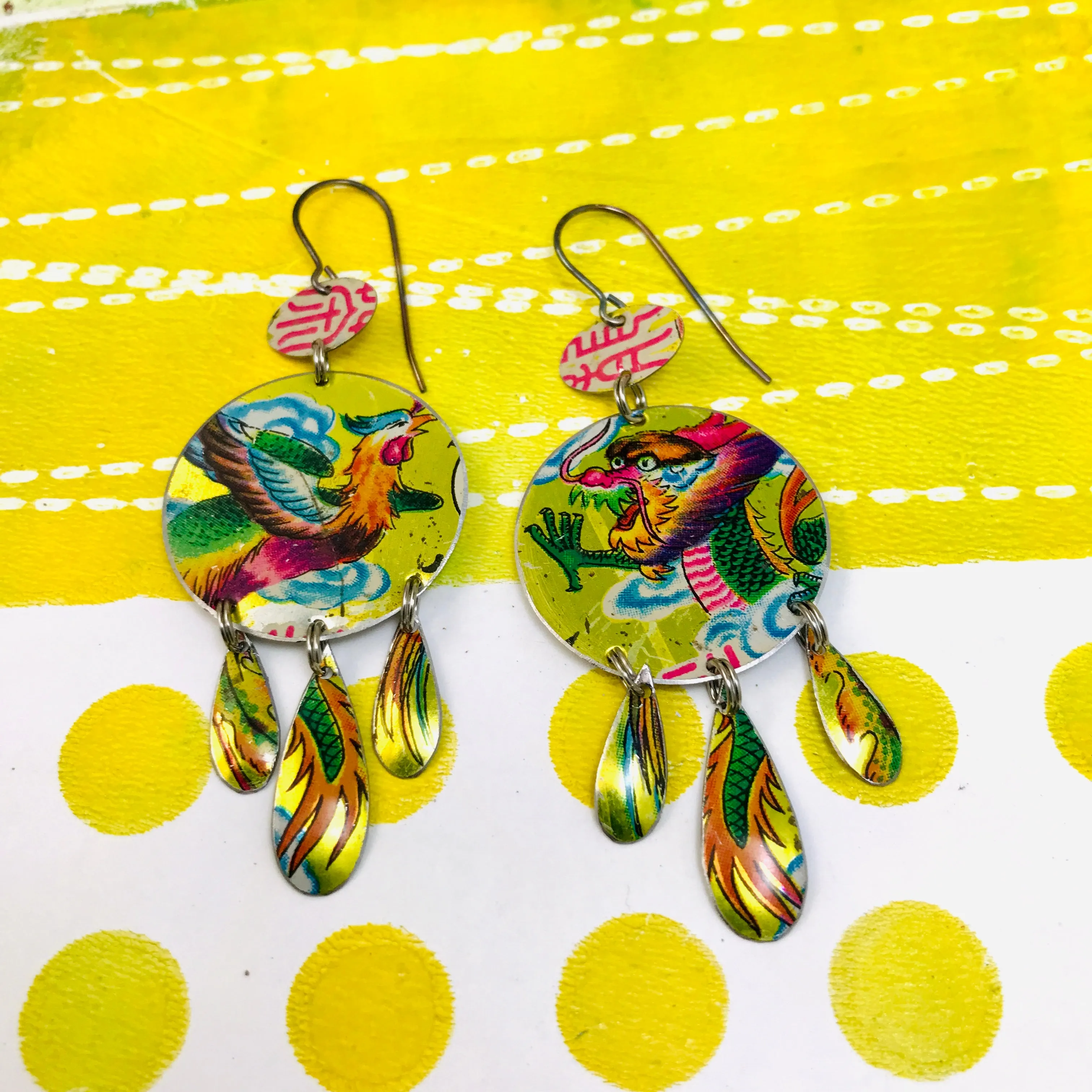 Dragon & Phoenix Tin Chandelier Earrings