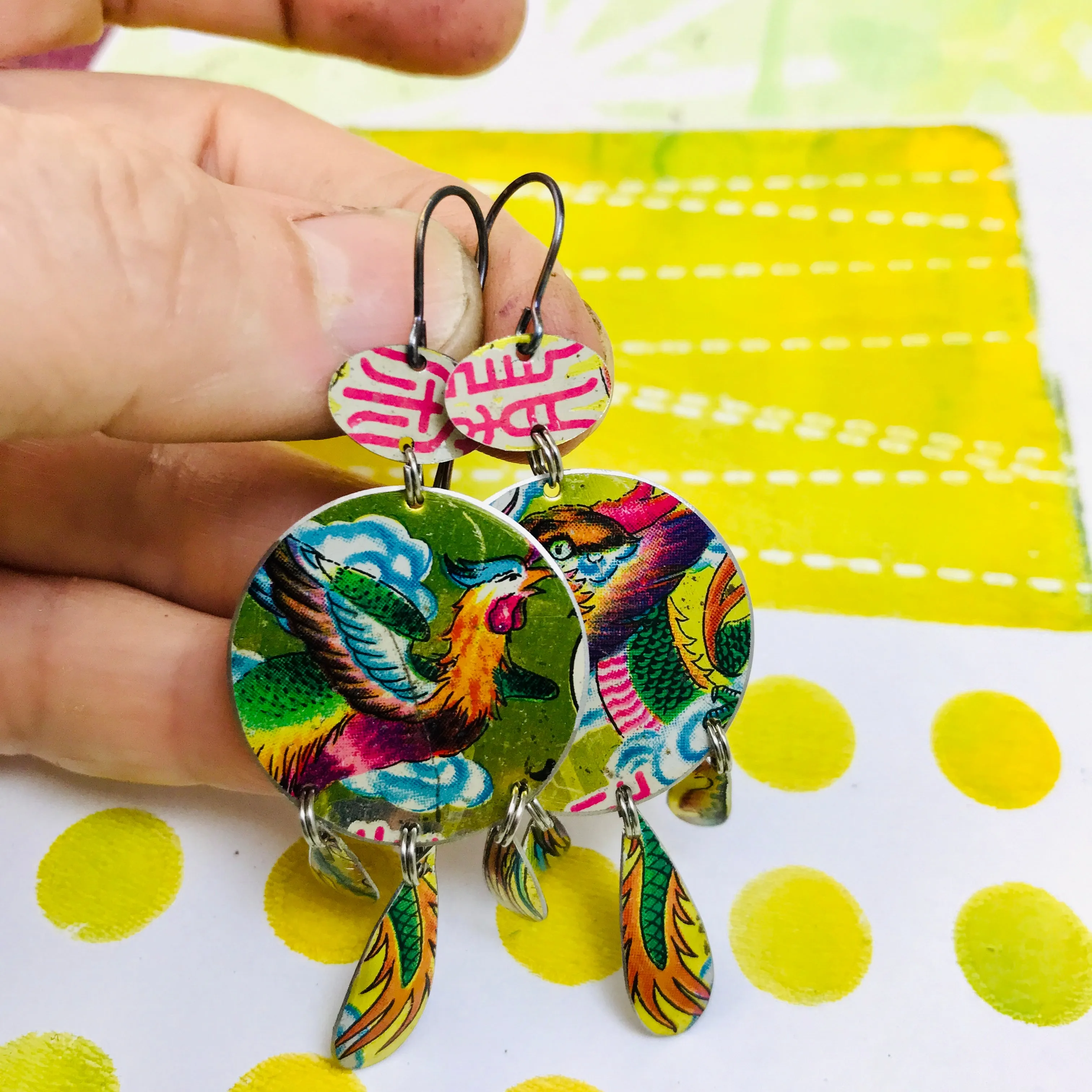 Dragon & Phoenix Tin Chandelier Earrings