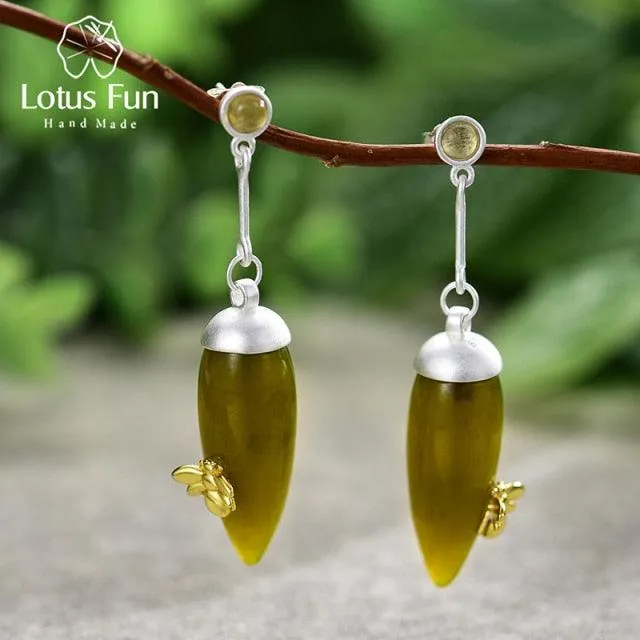 Elegant Green Stone Original Handmade Vintage Drop Earrings