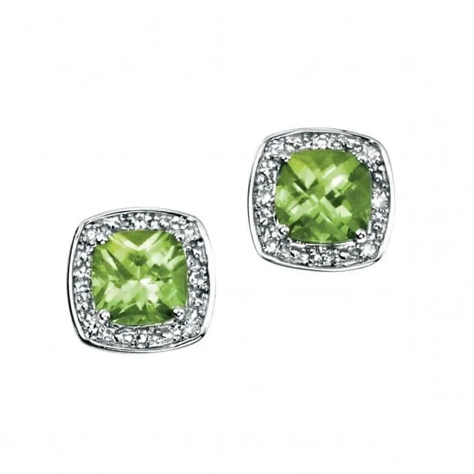 Elements White Gold Earrings Cushion Cut Peridot Pave Diamond GE731GZ475