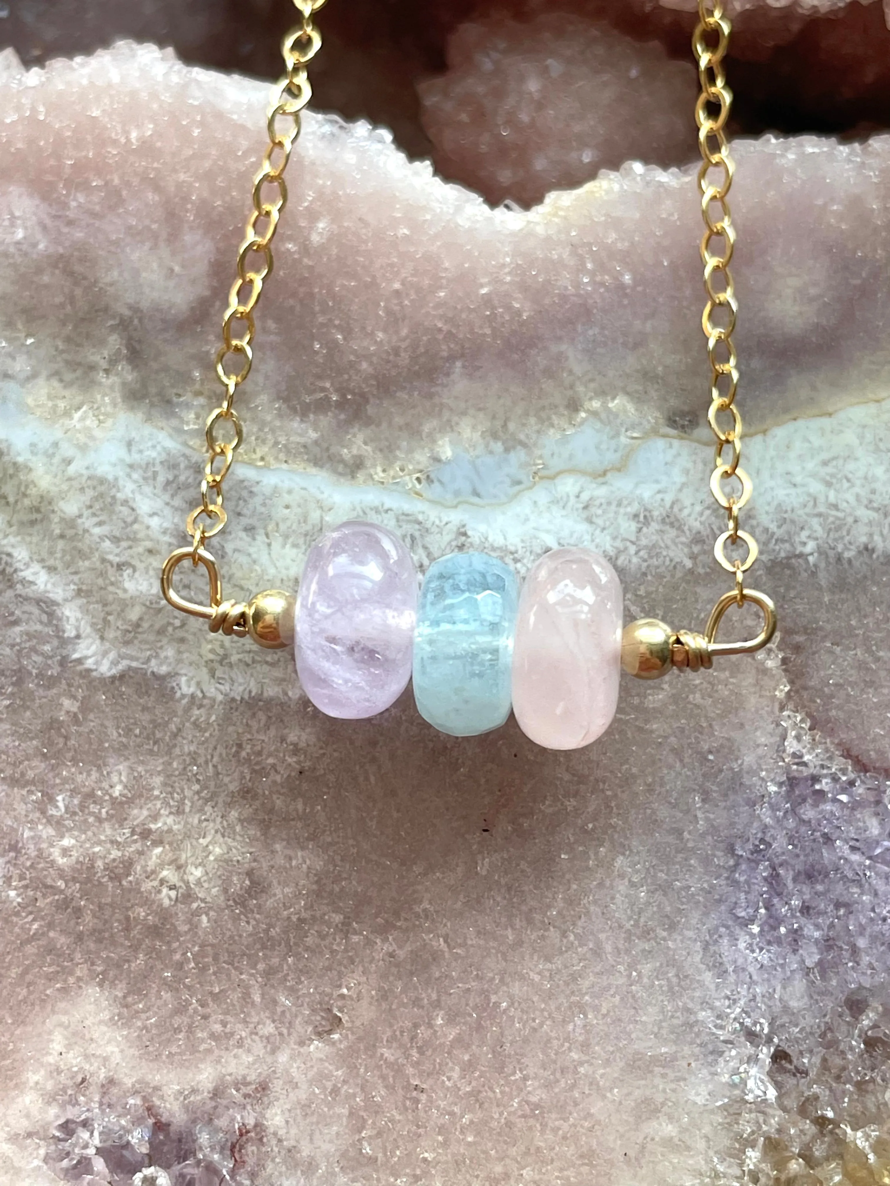 Gemstone Necklace - Stone Necklace - Amethyst Aquamarine Rose Quartz Necklace - Crystal Healing Jewelry - Silver or Gold