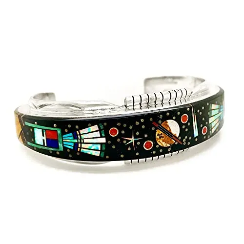 Genuine Black Onyx Cuff Bracelet, Sterling Silver, Authentic Navajo Native American USA Handmade, Artist Signed, One of a Kind, Size Women's Extra Large, Men's Small