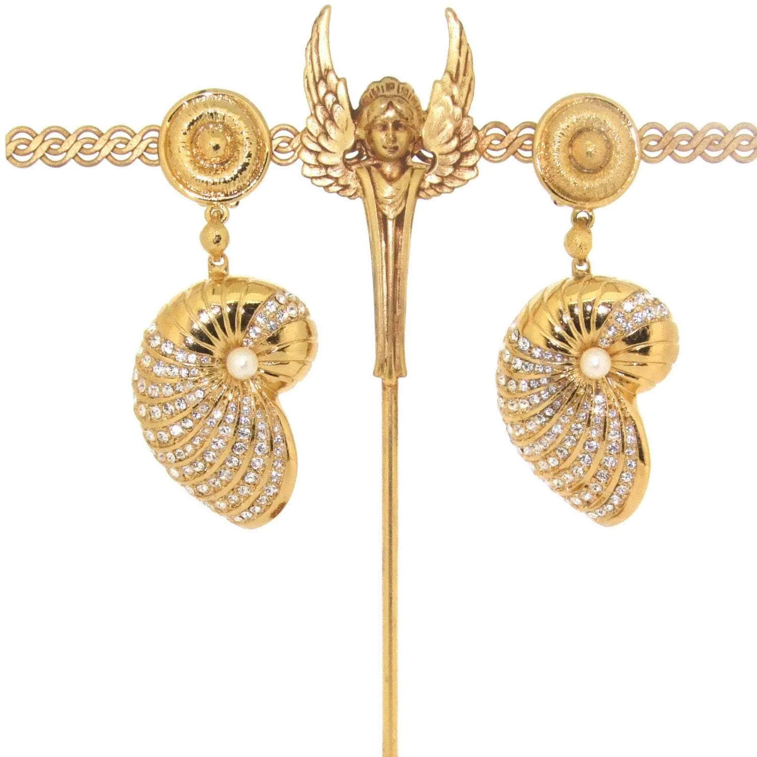 Glass Pearl & Crystal Shell Chandelier Clip On Earrings