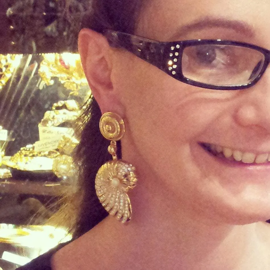 Glass Pearl & Crystal Shell Chandelier Clip On Earrings