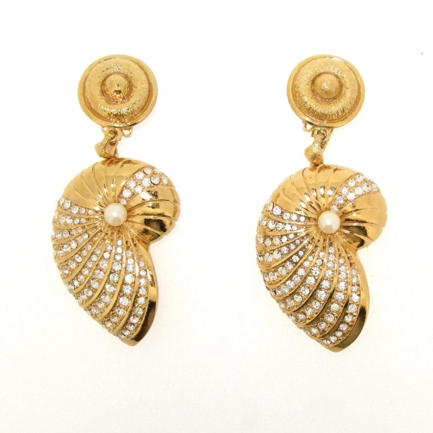 Glass Pearl & Crystal Shell Chandelier Clip On Earrings
