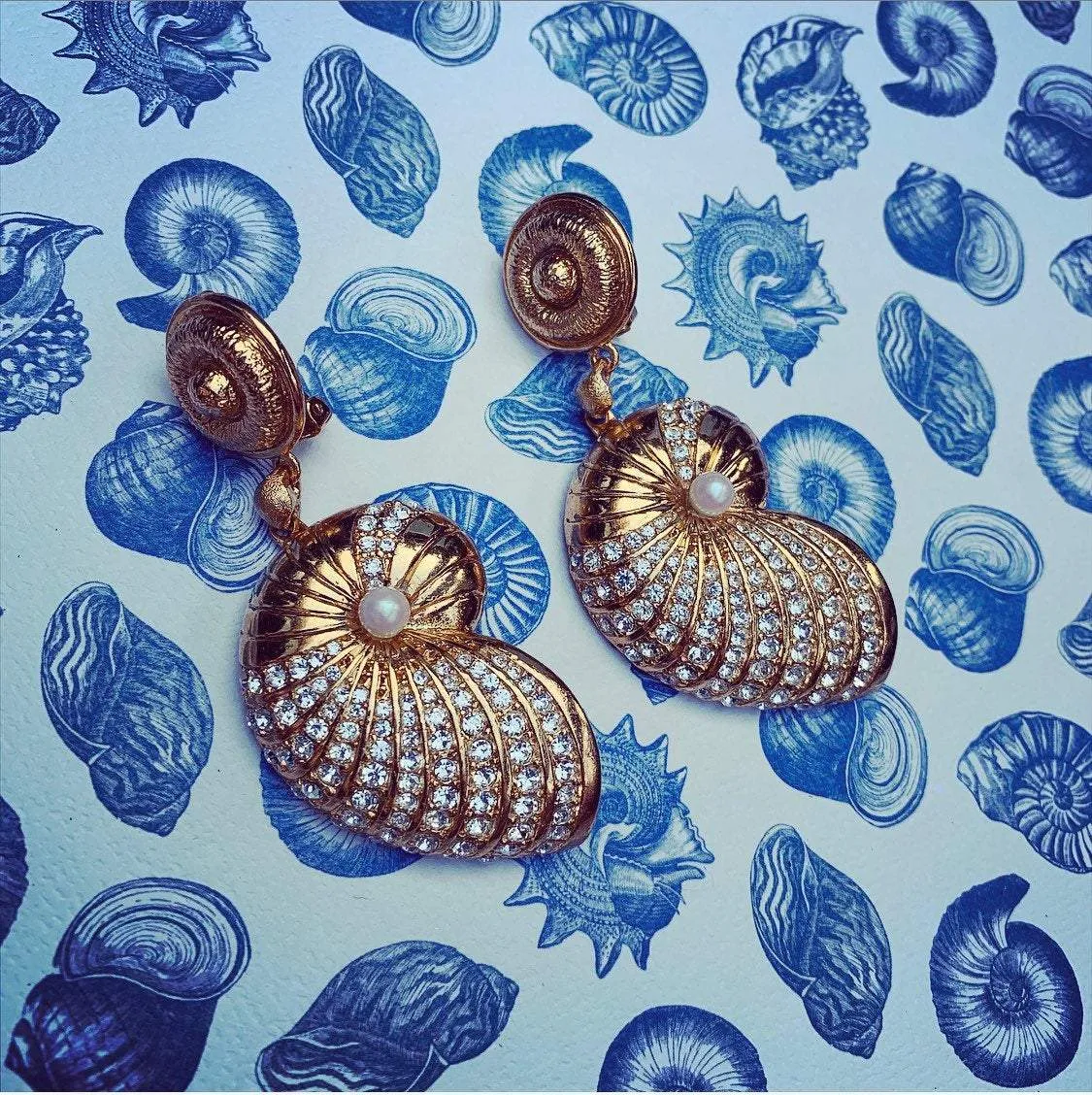 Glass Pearl & Crystal Shell Chandelier Clip On Earrings