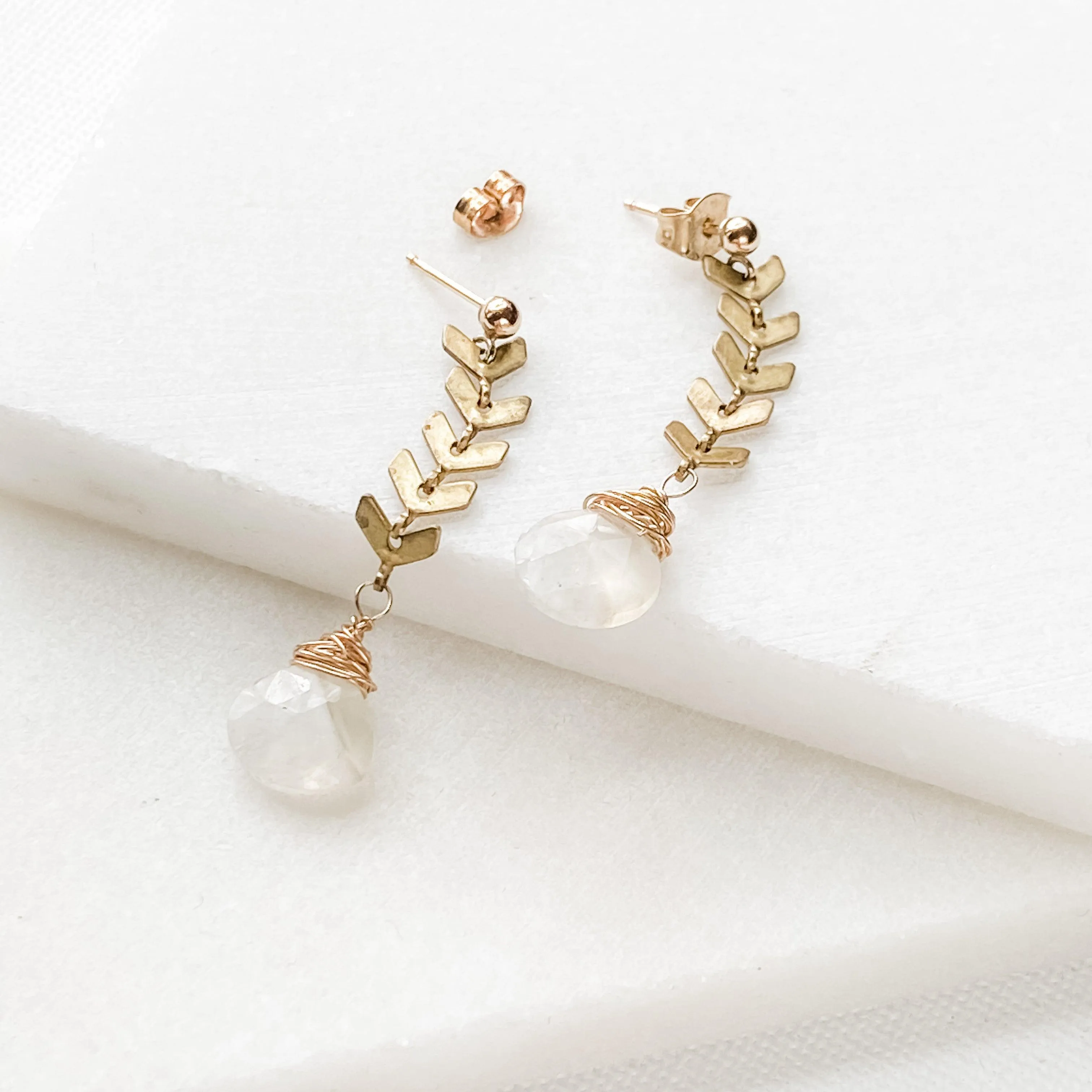 Gold Filled Chevron and Teardrop Quartz Earrings