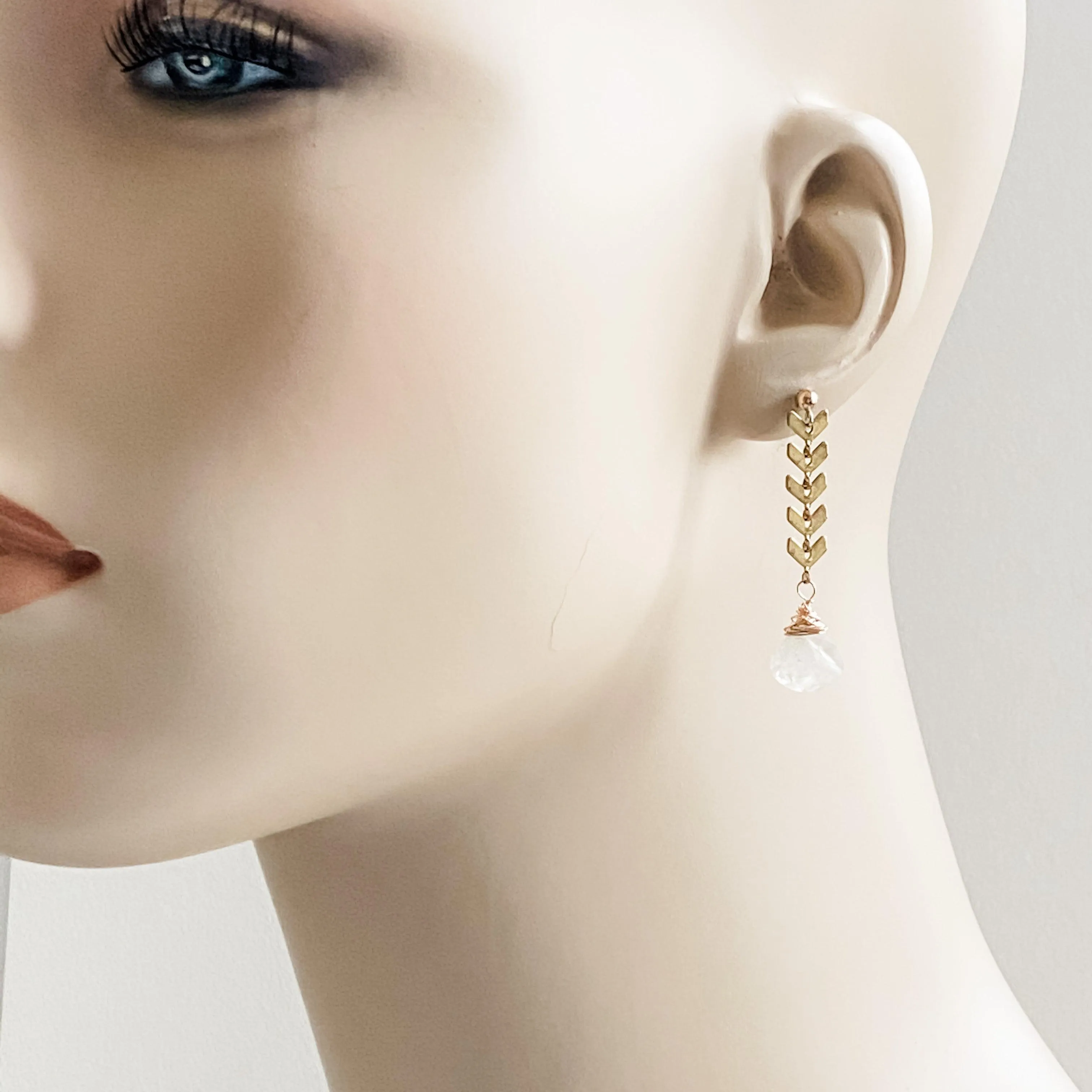 Gold Filled Chevron and Teardrop Quartz Earrings