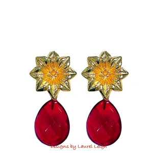 Gold Floral Red Gemstone Drop Earrings