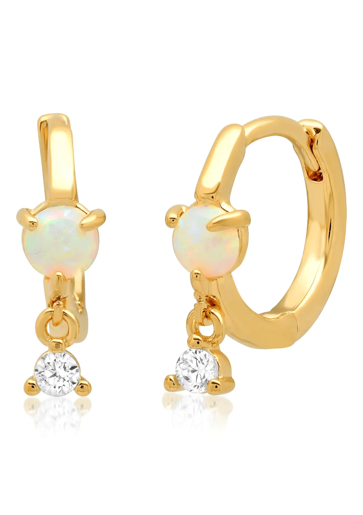 Gold Huggie Earrings with White Opal and Single CZ Drop