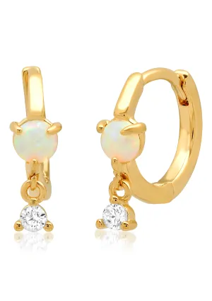 Gold Huggie Earrings with White Opal and Single CZ Drop