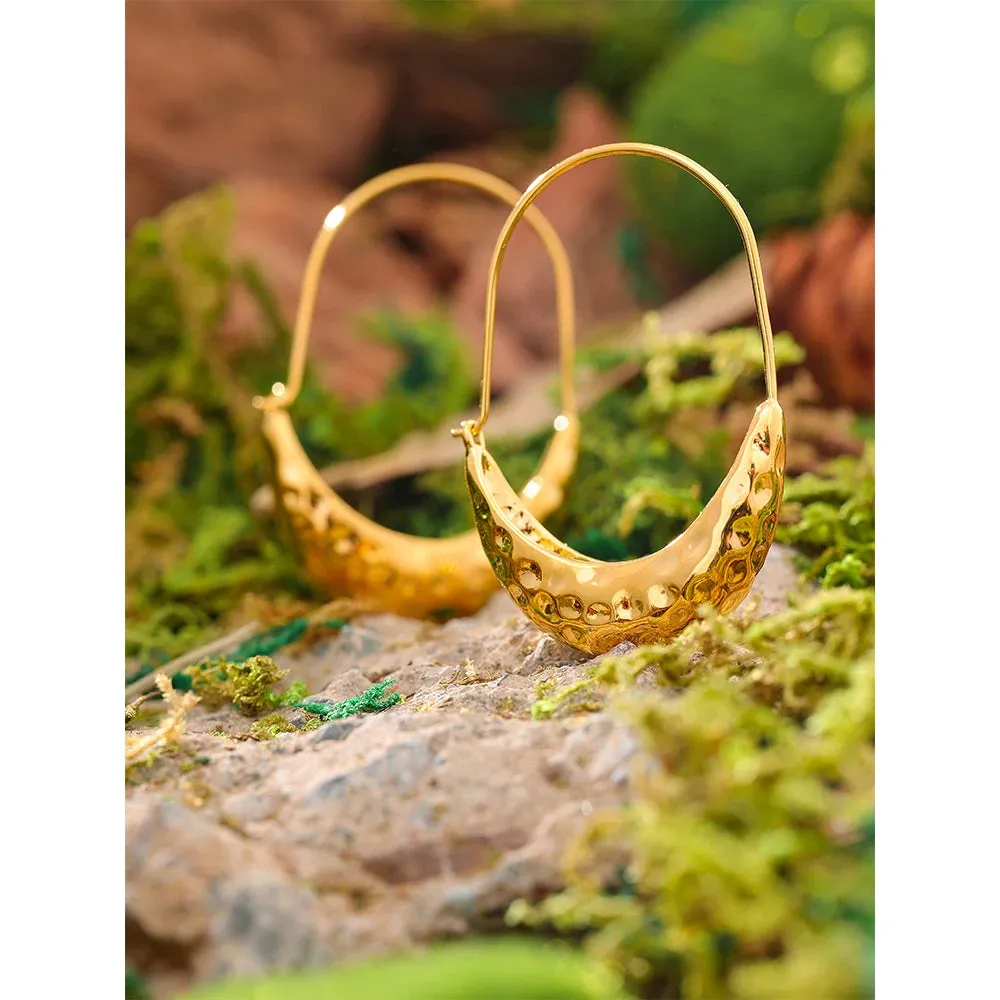 Golden Stainless Steel Drop Dangle Hoop Earrings Ear Hook Tarnish Free Minimalist Metal Texture Women Fashion Jewelry