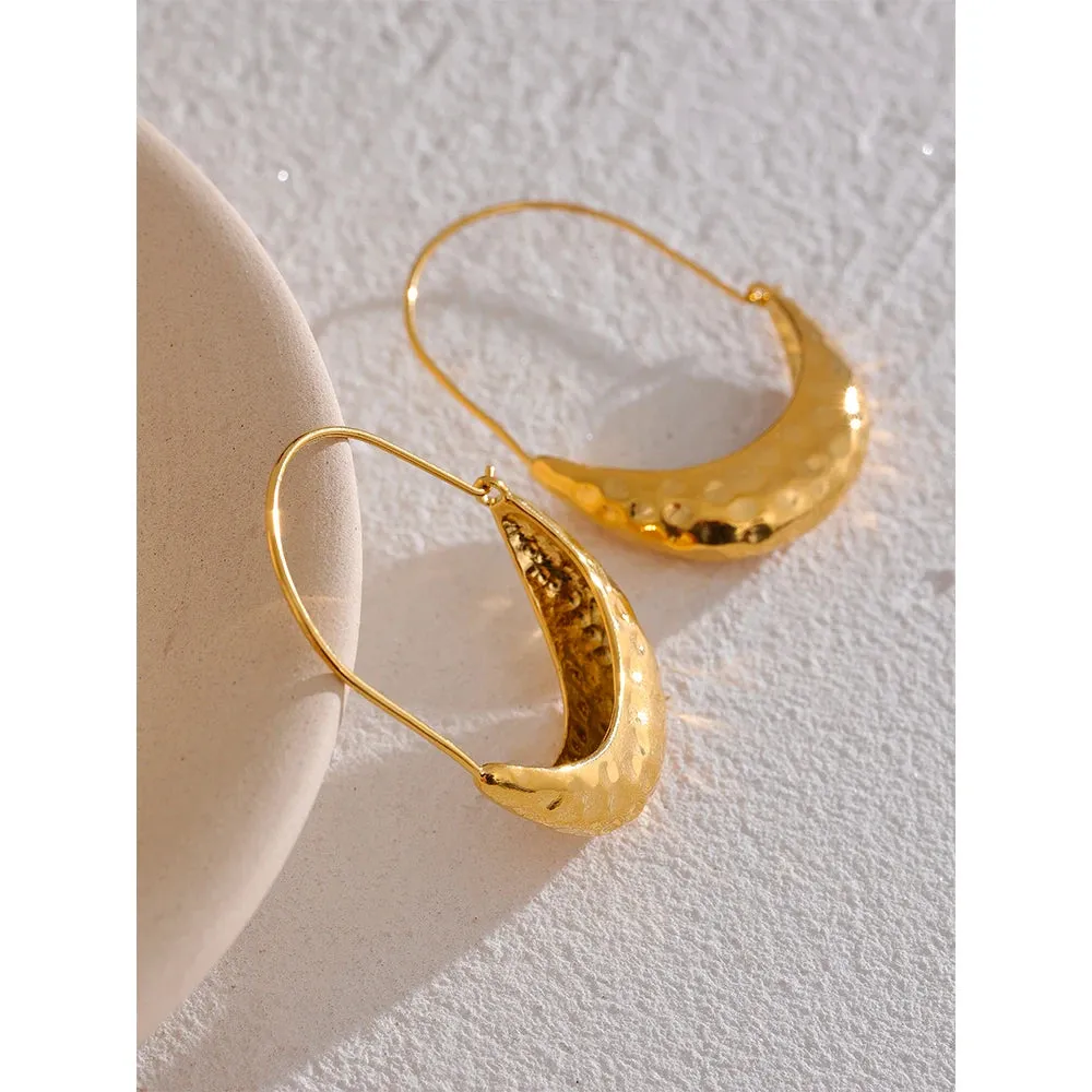 Golden Stainless Steel Drop Dangle Hoop Earrings Ear Hook Tarnish Free Minimalist Metal Texture Women Fashion Jewelry