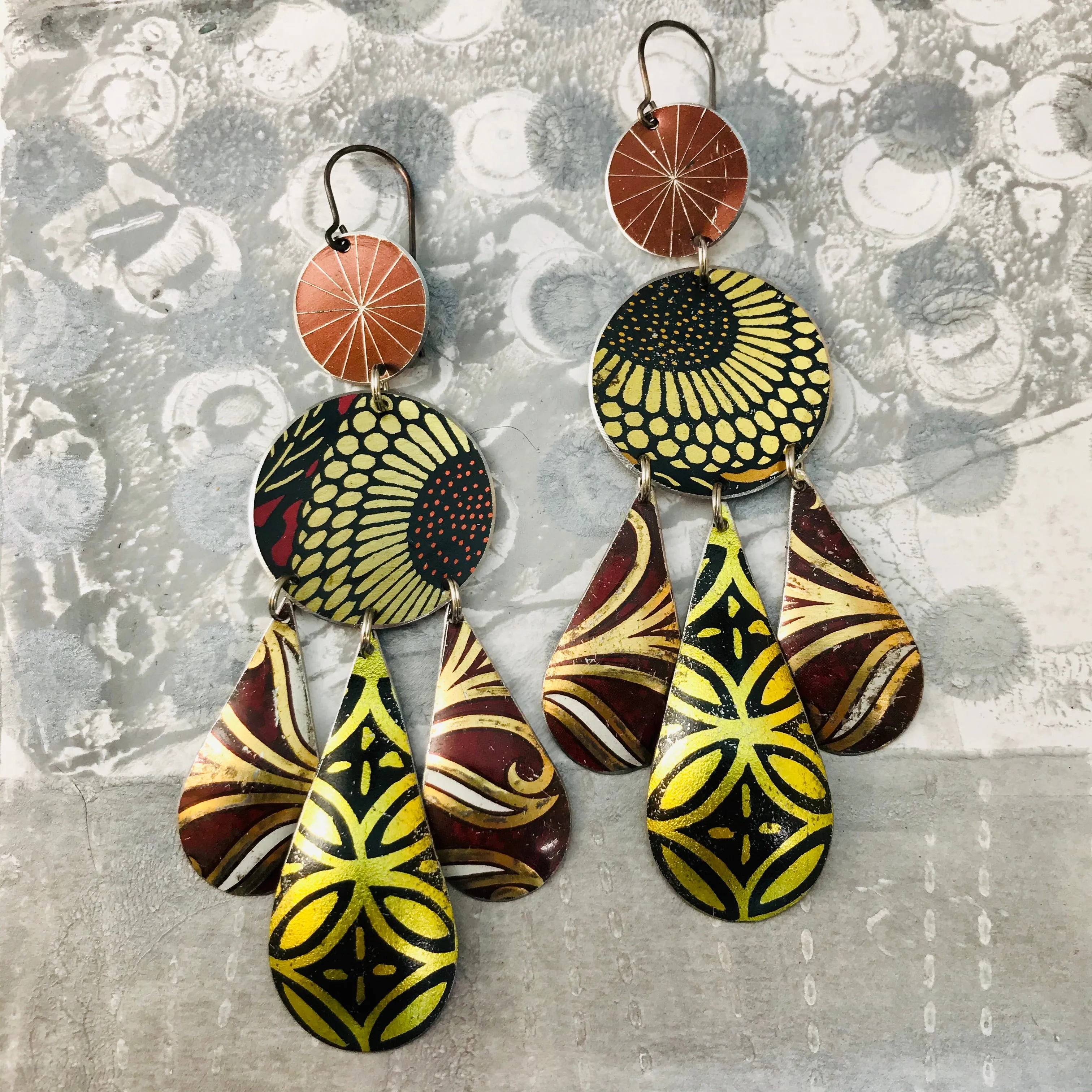 Golden Sunflower Tin Chandelier Earrings