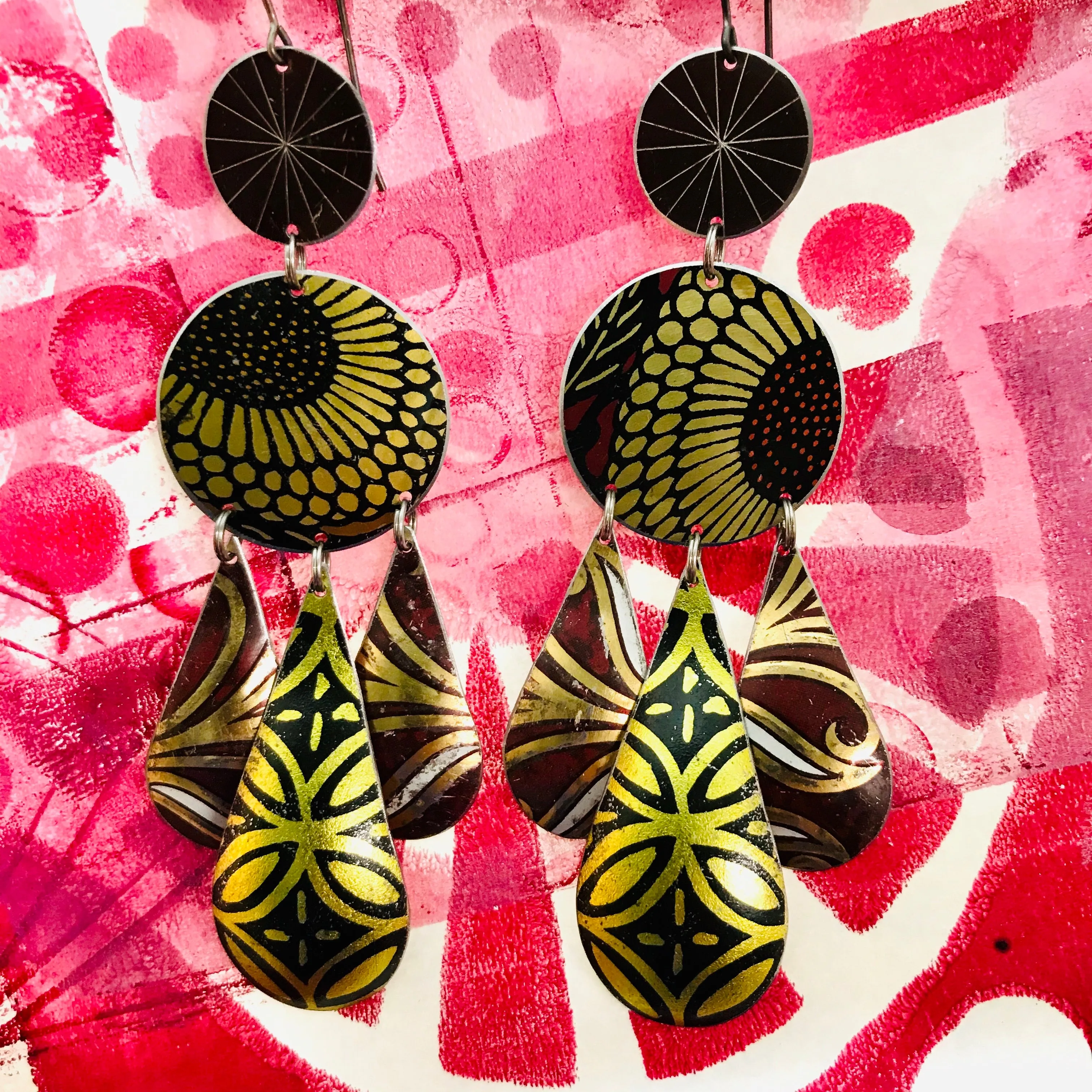Golden Sunflower Tin Chandelier Earrings