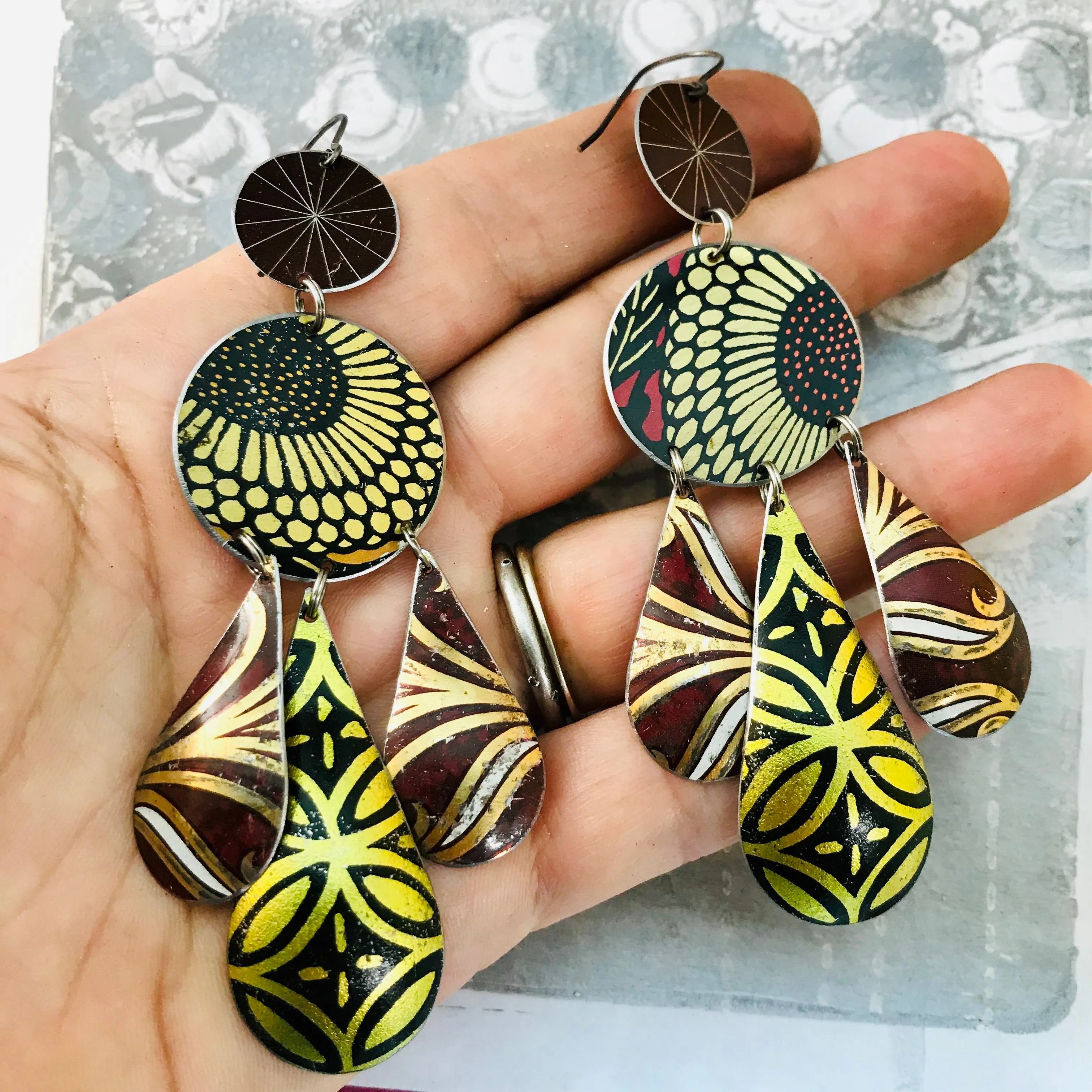 Golden Sunflower Tin Chandelier Earrings