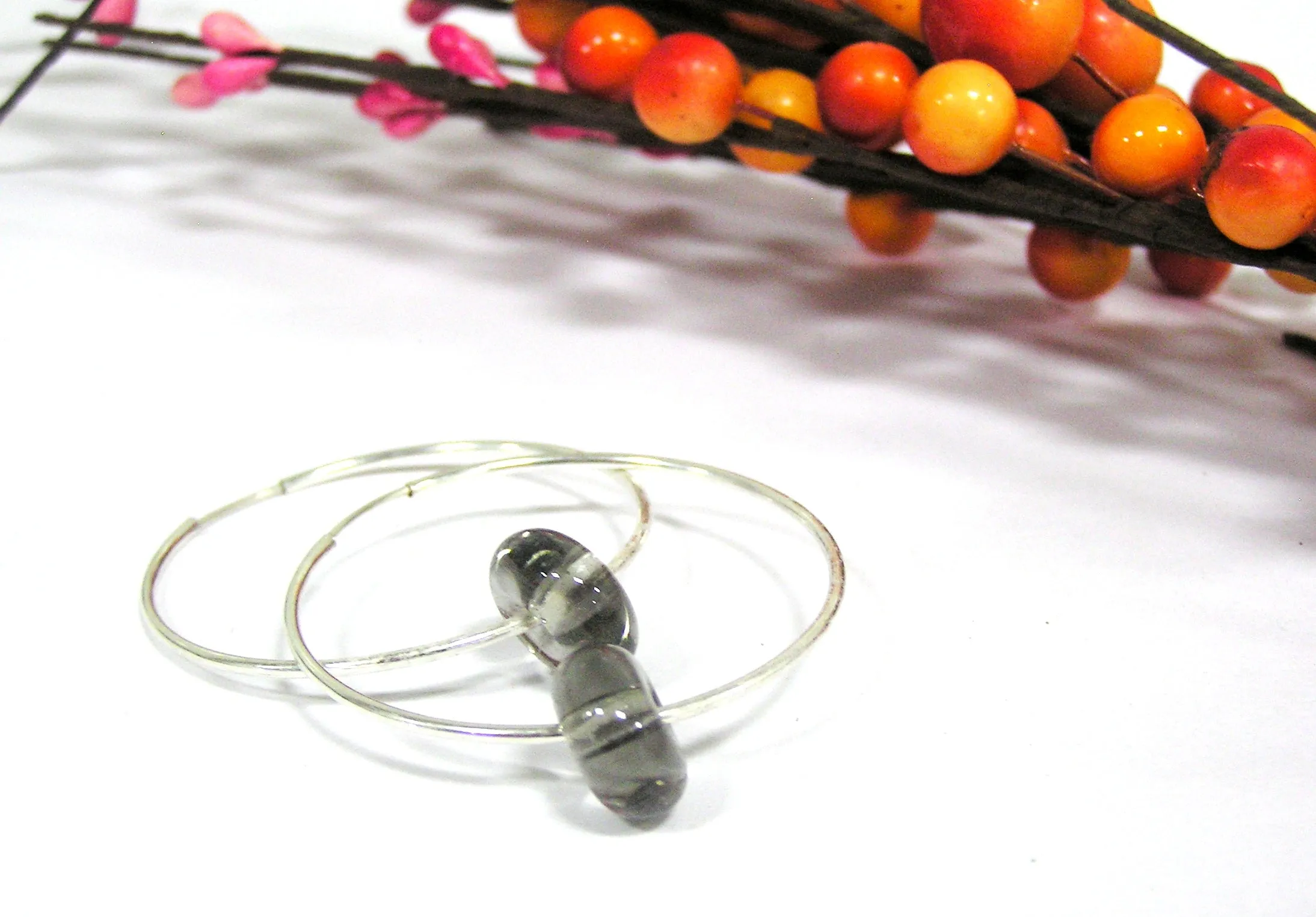 Gray Beaded Sterling Silver Hoop Earrings