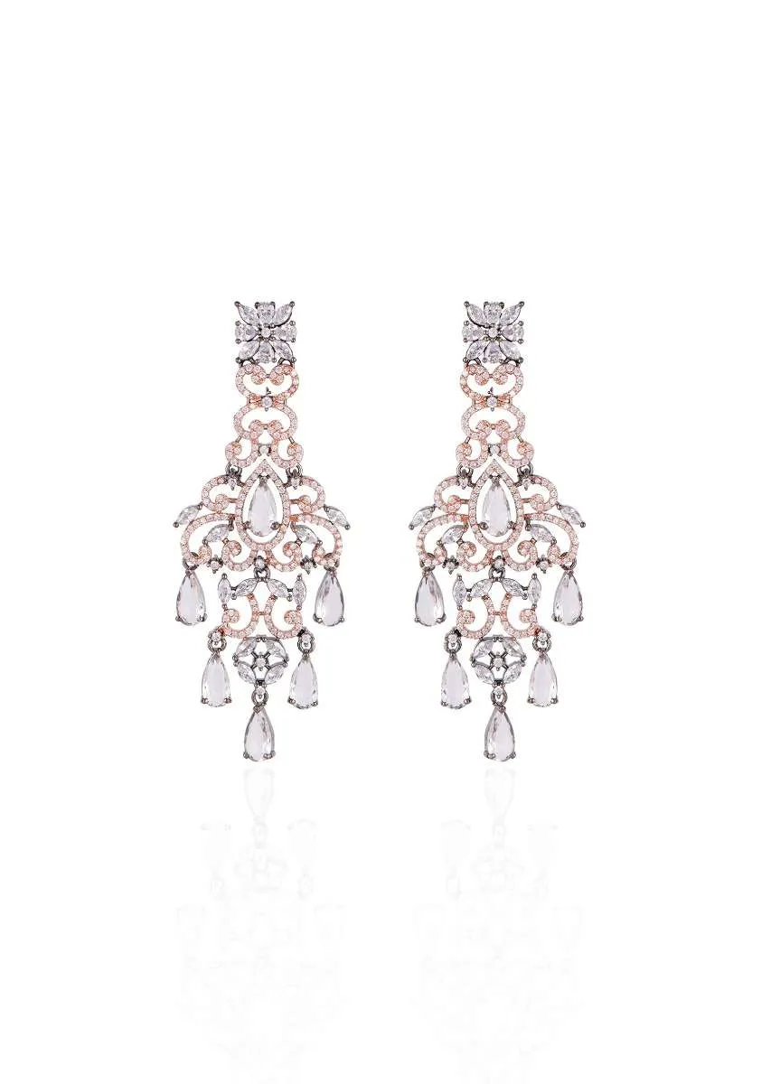 Grey Plated Chandelier Earrings With Faux Diamonds And Crystals By Aster