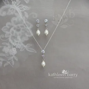 Hazel double Cubic Zirconia studs & pearl drop earrings and or necklace - Sterling silver   Nickel free