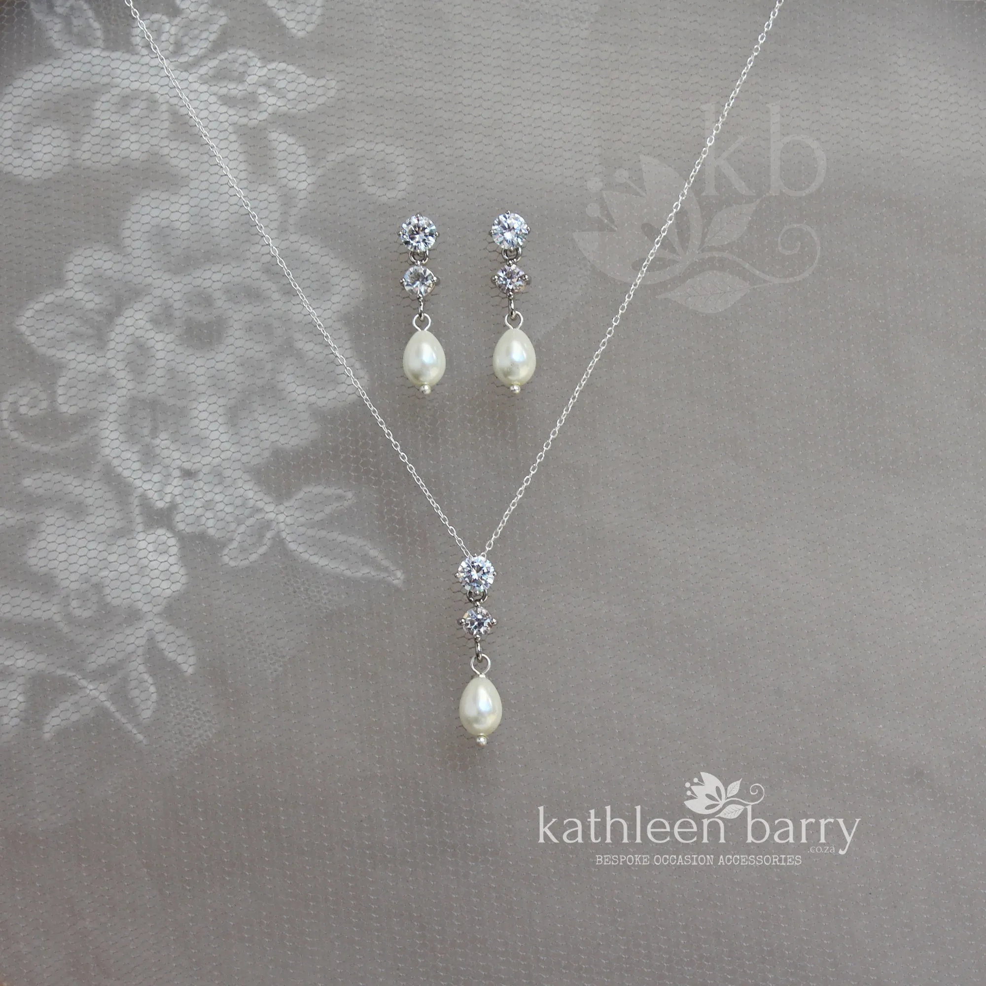 Hazel double Cubic Zirconia studs & pearl drop earrings and or necklace - Sterling silver   Nickel free