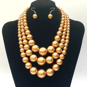 Layered Pearl Necklace Set Gold Brown