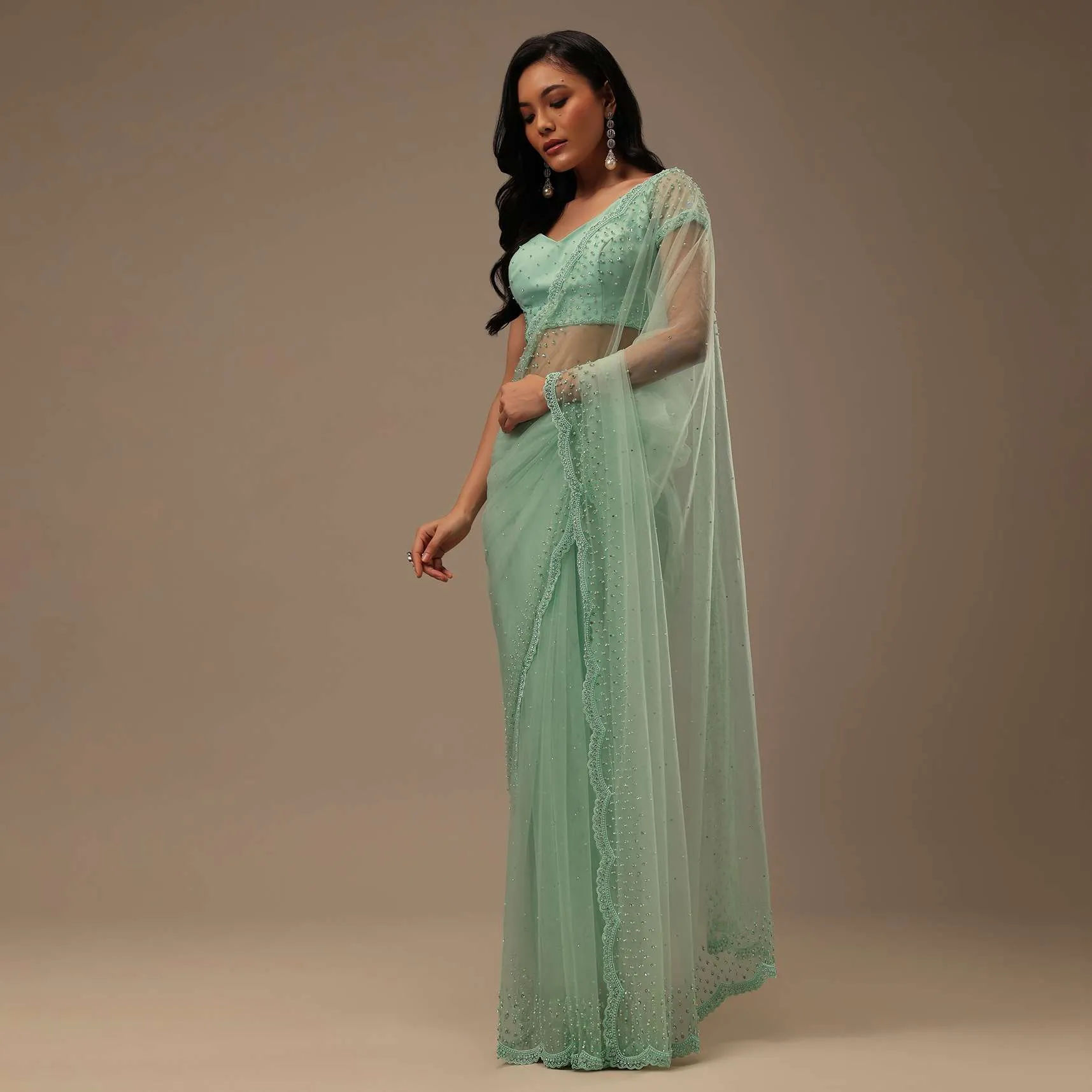 Light Green Stone And Beads Embellished Net Saree